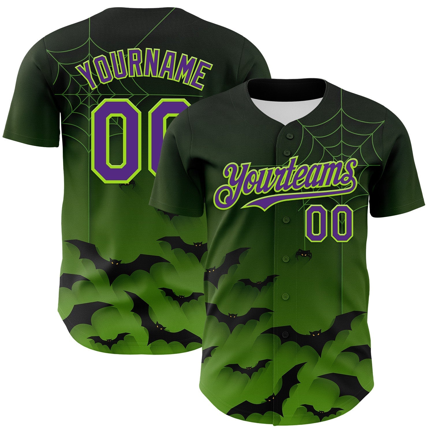 Custom Green Purple Black-Neon Green 3D Halloween Spider Net Bats Party Costume Ideas Authentic Baseball Jersey baseball jersey product view 1