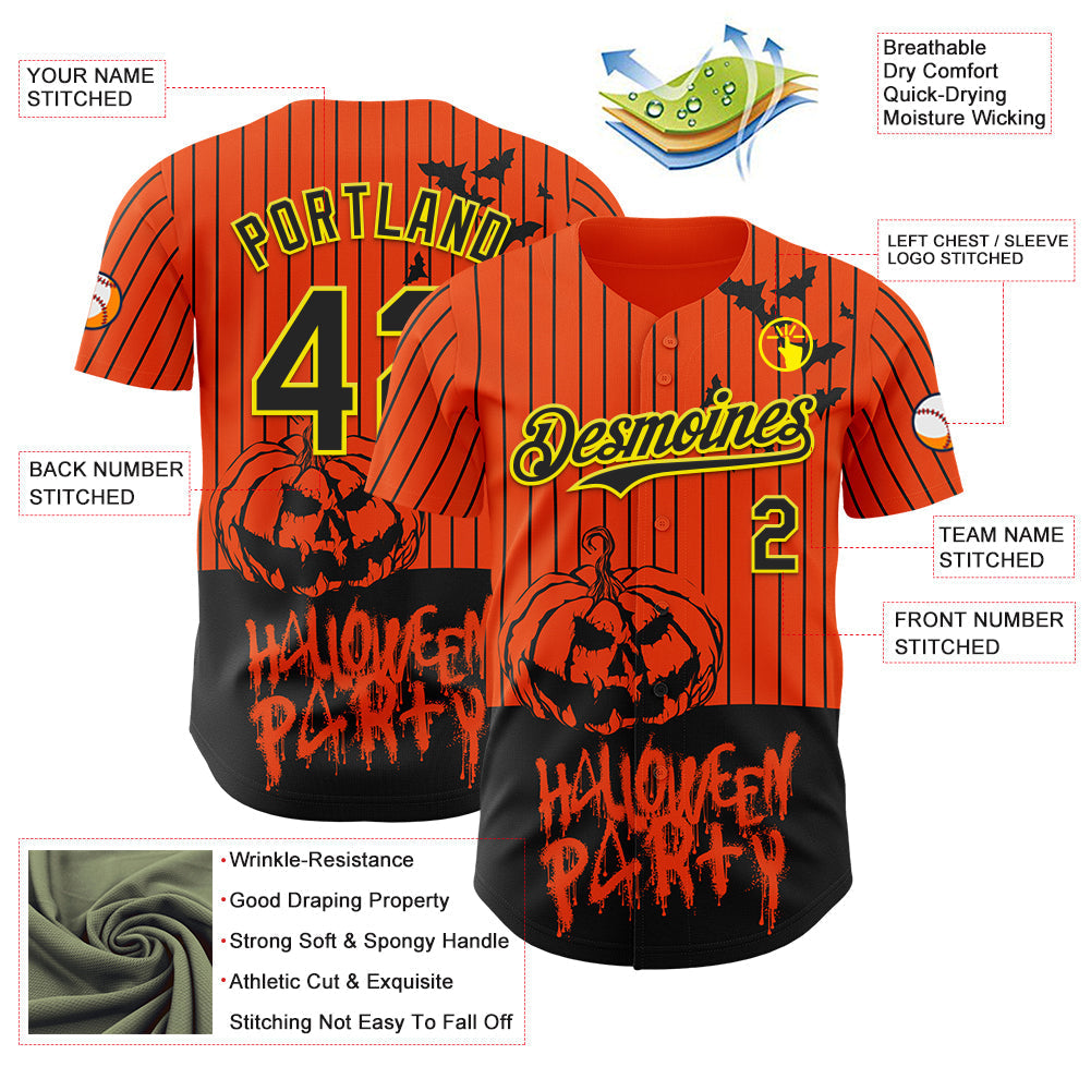 Custom Orange Black Pinstripe Light Yellow 3D Halloween Pumpkin Party Costume Ideas Authentic Baseball Jersey baseball jersey product view 3