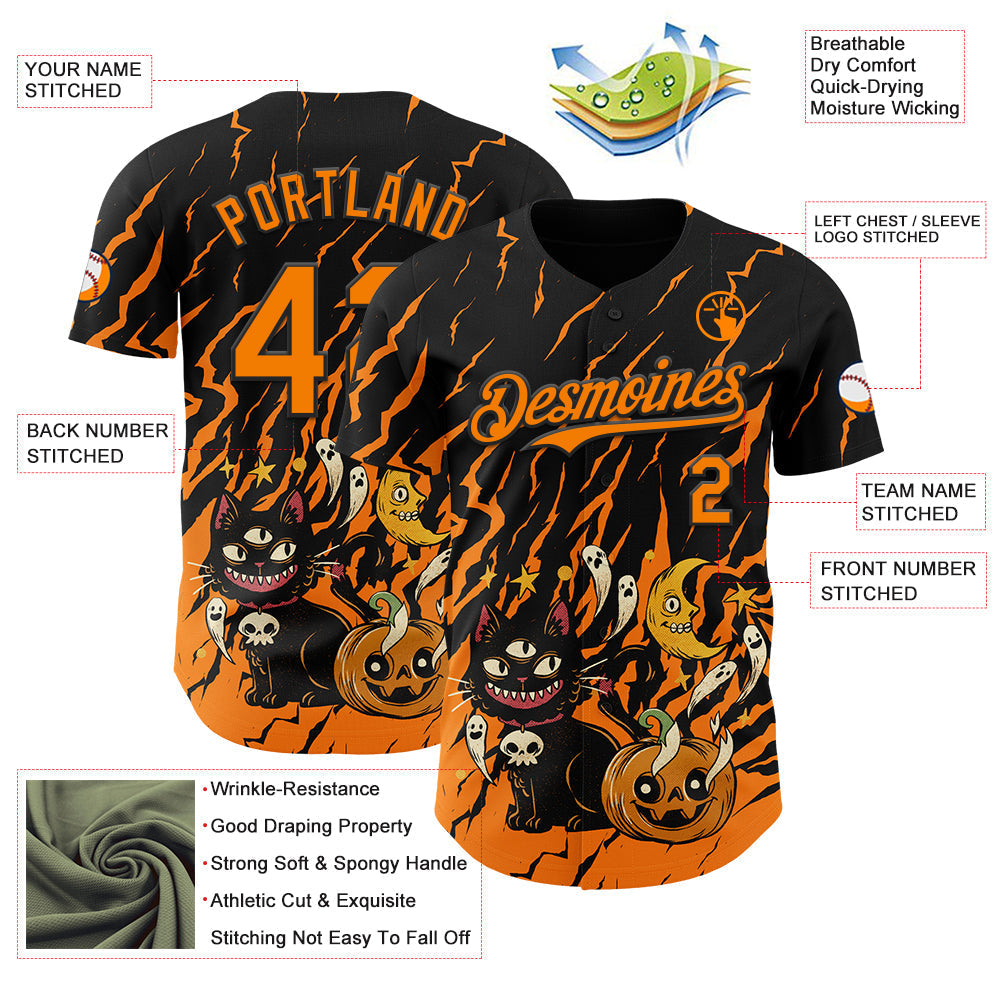 Custom Black Bay Orange 3D Halloween Pumpkin Scary Doodle Party Costume Ideas Authentic Baseball Jersey baseball jersey product view 3