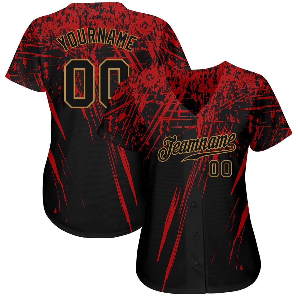 Custom Black Black Red-Old Gold 3D Pattern Design Authentic Baseball Jersey baseball jersey product view 2
