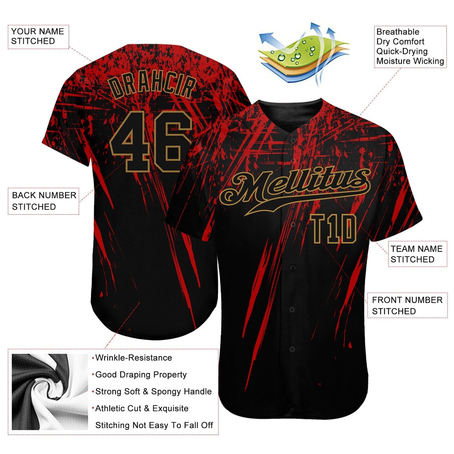 Custom Black Black Red-Old Gold 3D Pattern Design Authentic Baseball Jersey baseball jersey product view 3