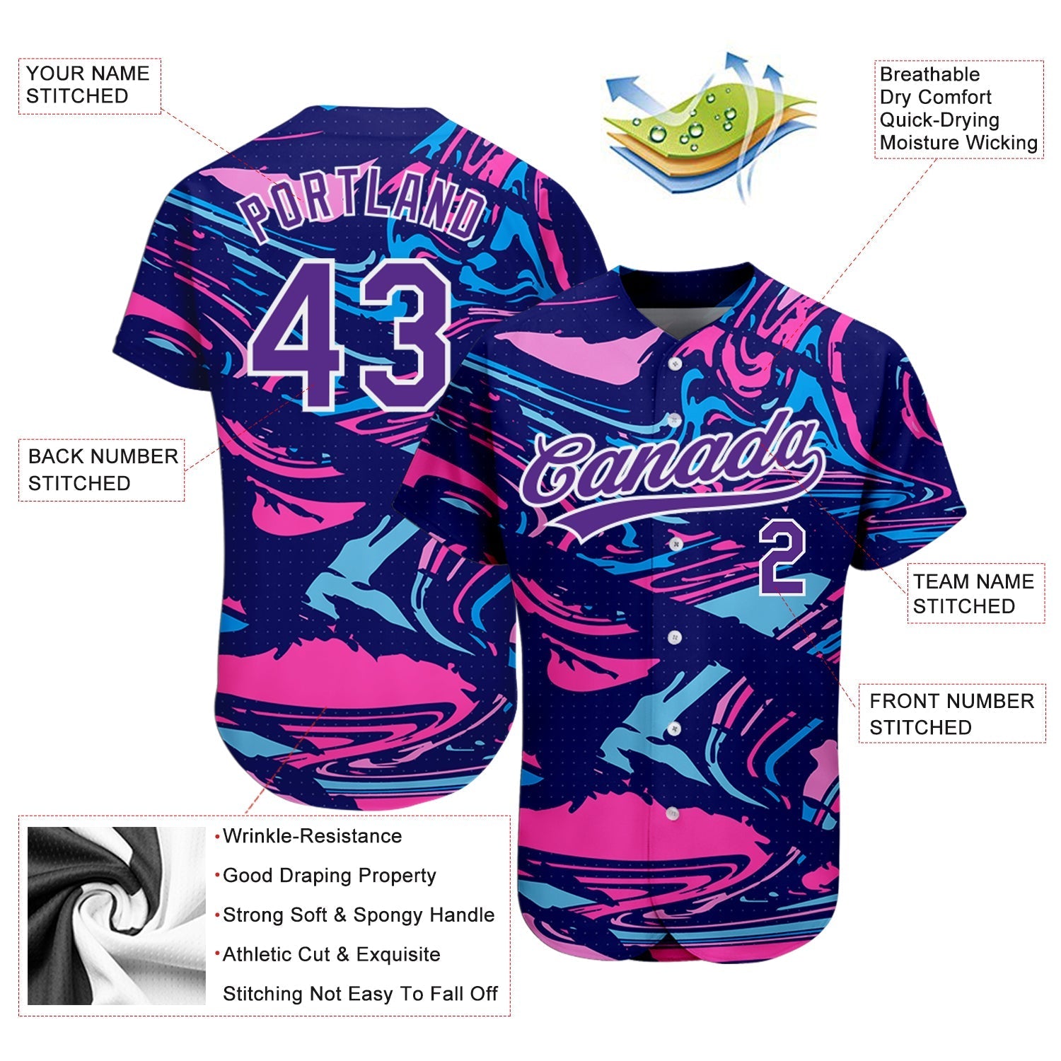 Custom Figure Purple-White 3D Pattern Design Authentic Baseball Jersey baseball jersey product view 3