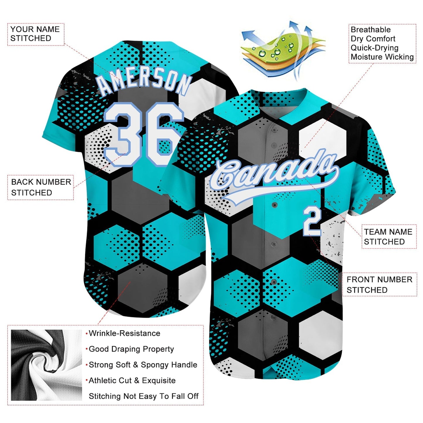 Custom Teal White-Light Blue 3D Pattern Design Authentic Baseball Jersey baseball jersey product view 3