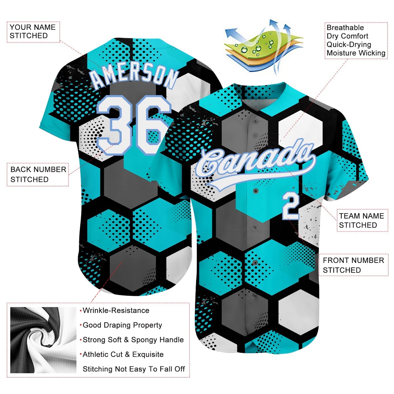 Custom Teal White-Light Blue 3D Pattern Design Authentic Baseball Jersey baseball jersey product view 3