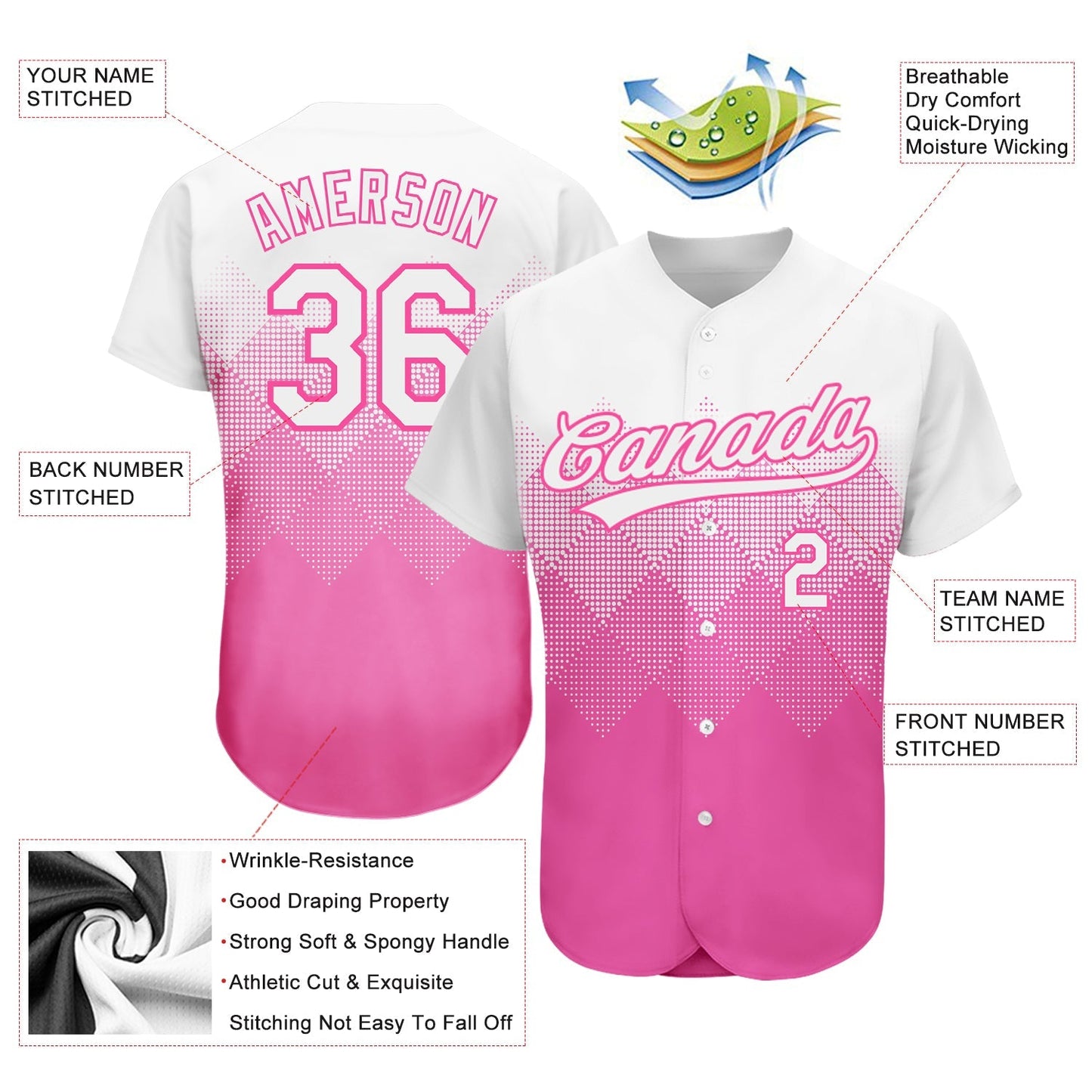 Custom Pink White 3D Pattern Design Authentic Baseball Jersey baseball jersey product view 3