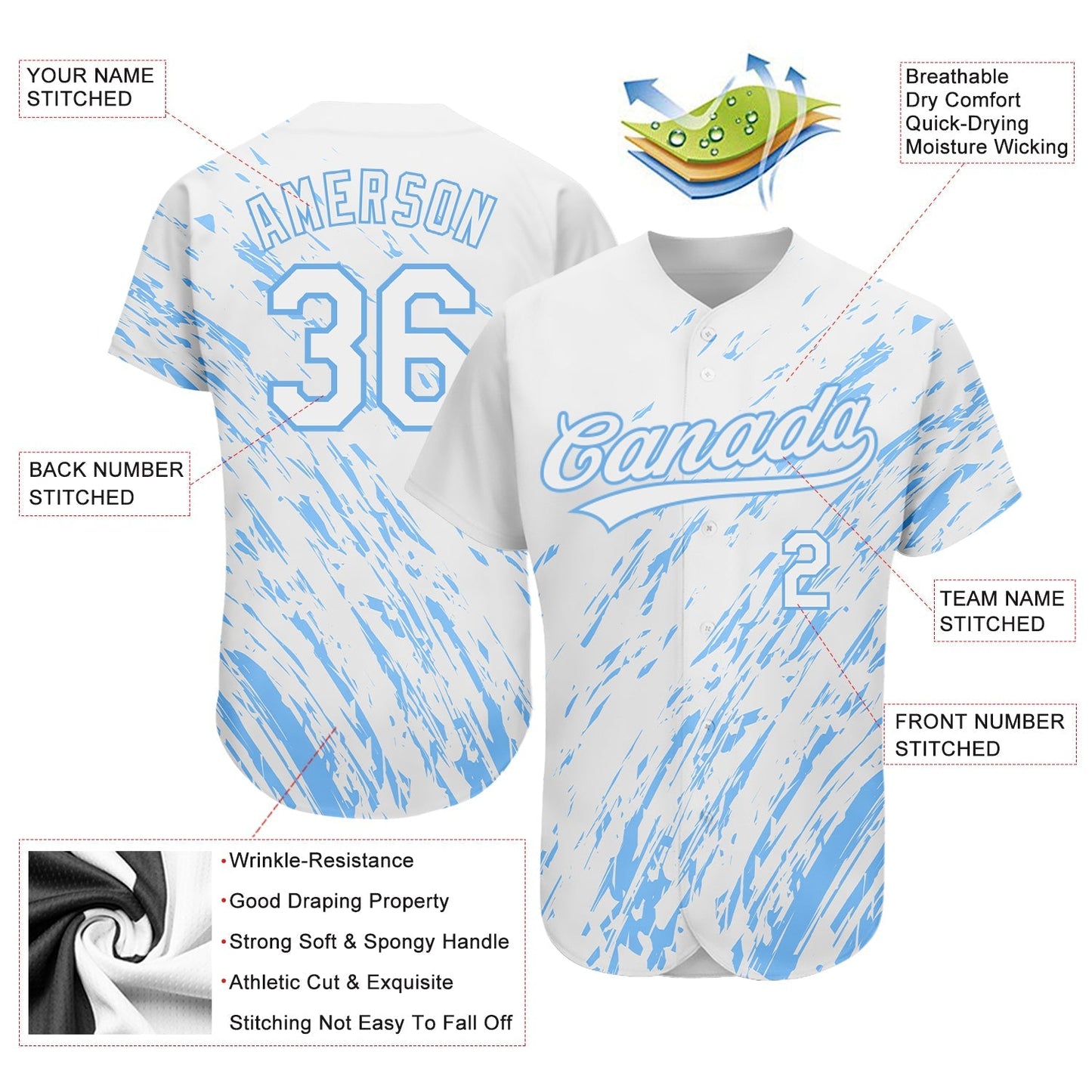 Custom White Light Blue 3D Pattern Design Authentic Baseball Jersey baseball jersey product view 3