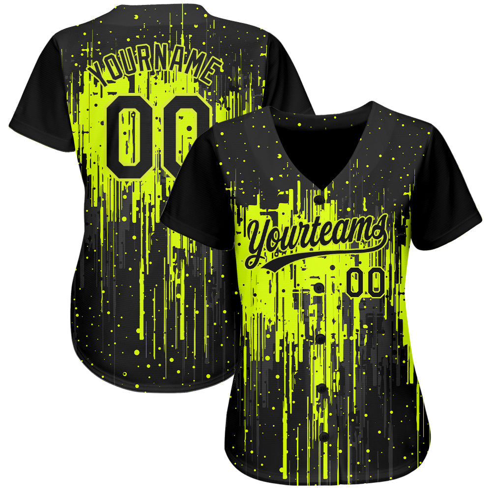Custom Neon Green Black 3D Pattern Design Dripping Splatter Art Authentic Baseball Jersey baseball jersey product view 3