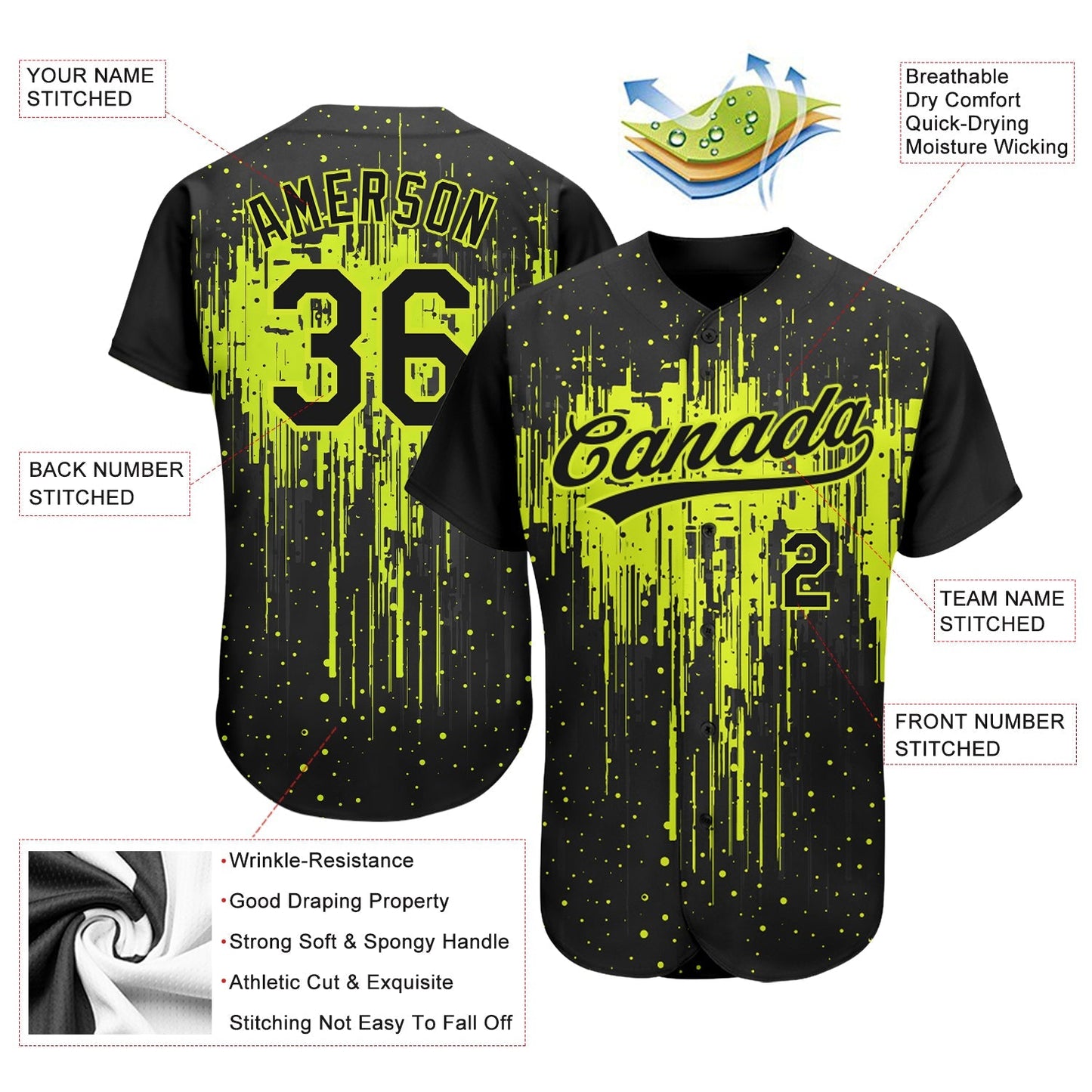 Custom Neon Green Black 3D Pattern Design Dripping Splatter Art Authentic Baseball Jersey baseball jersey product view 4