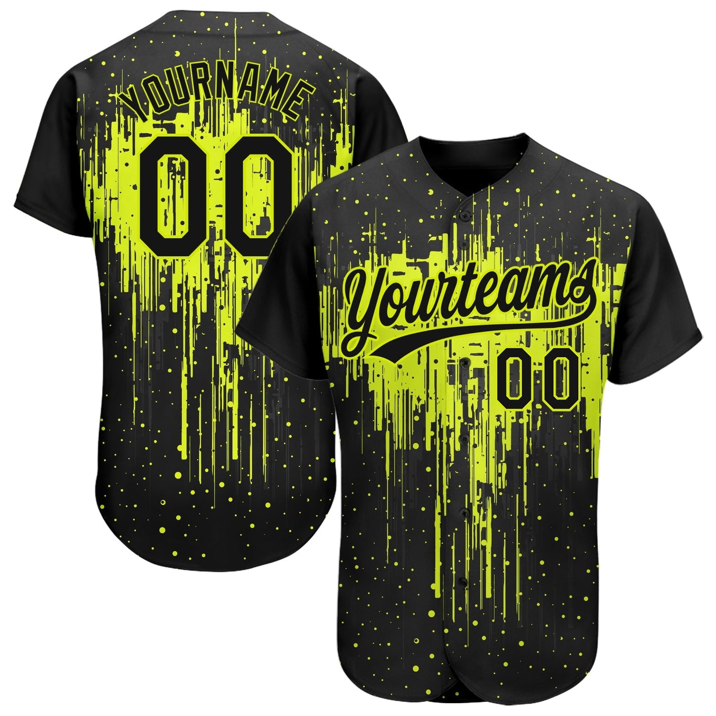 Custom Neon Green Black 3D Pattern Design Dripping Splatter Art Authentic Baseball Jersey baseball jersey product view 1