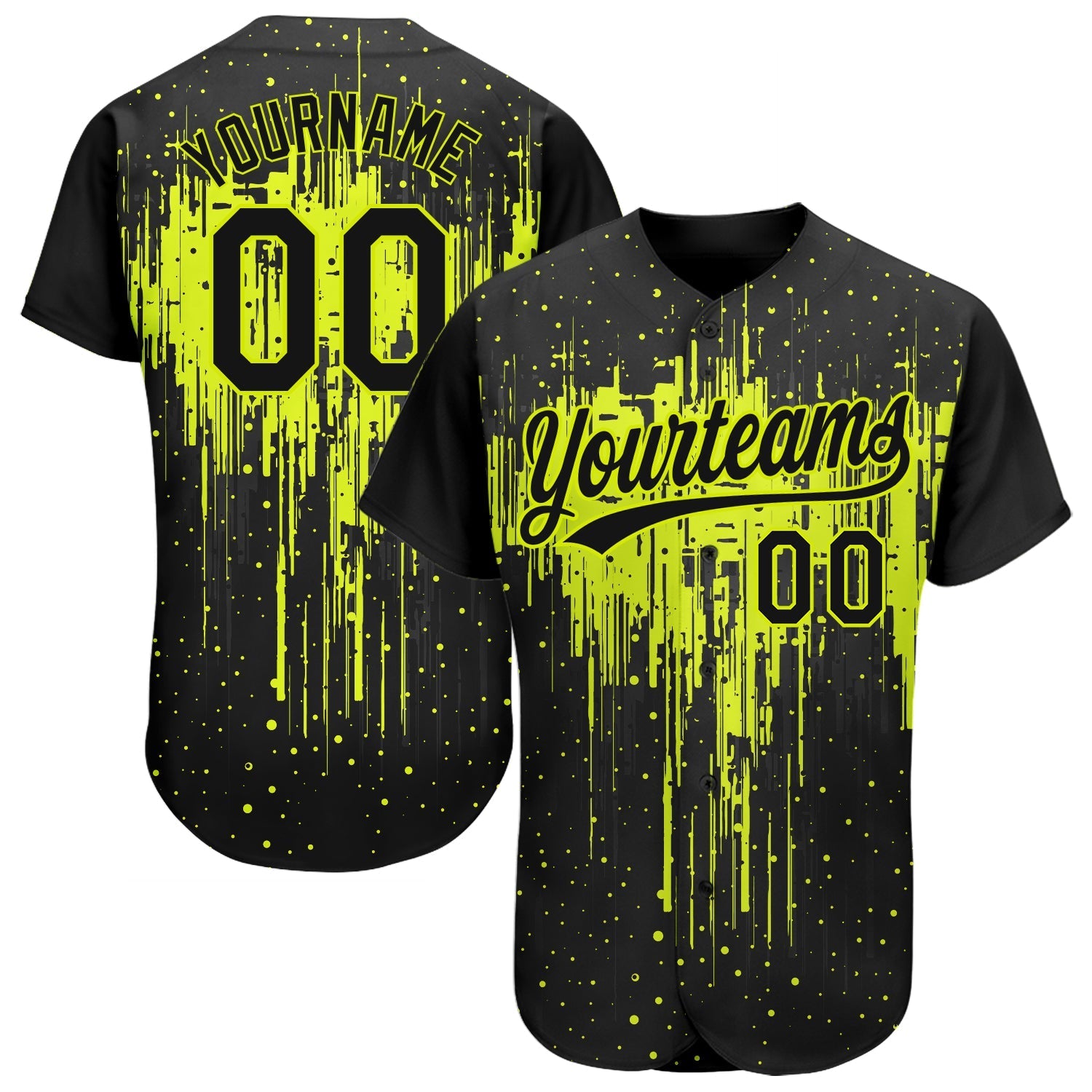 Custom Neon Green Black 3D Pattern Design Dripping Splatter Art Authentic Baseball Jersey baseball jersey product view 1