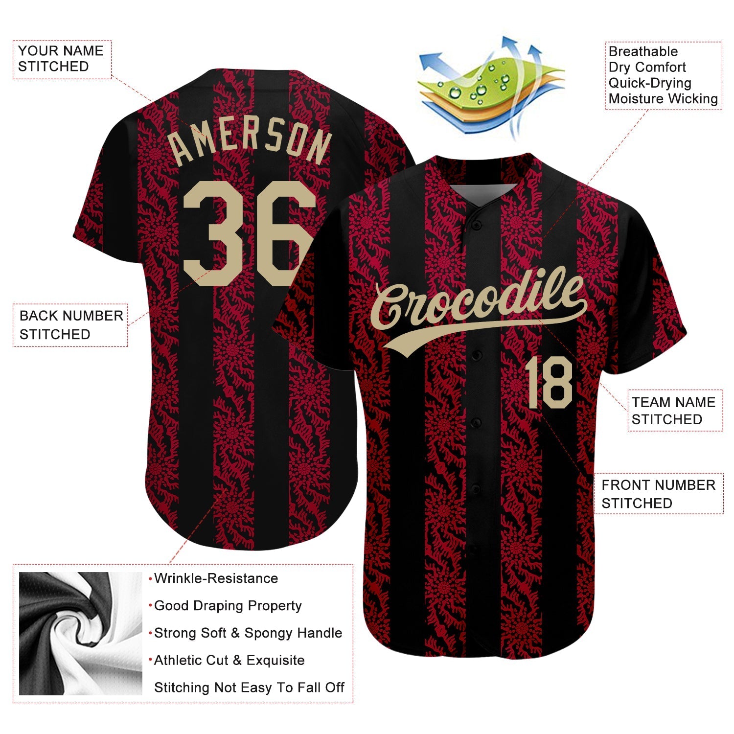 Custom Black Vegas Gold-Red 3D Pattern Design Authentic Baseball Jersey baseball jersey product view 3