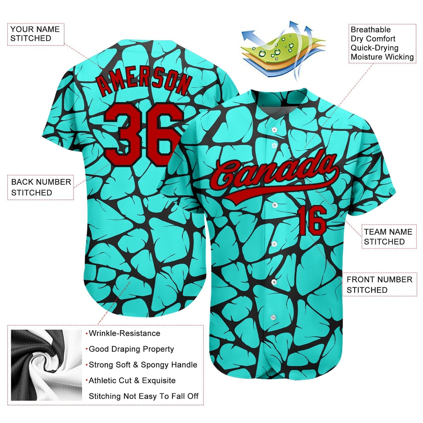 Custom Teal Red-Black 3D Pattern Design Authentic Baseball Jersey baseball jersey product view 3