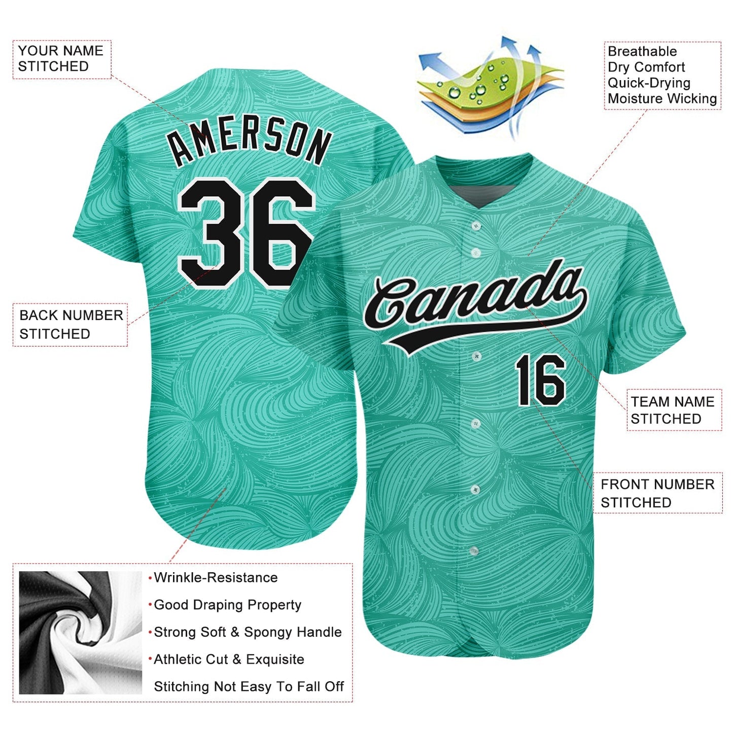 Custom Teal Black-White 3D Pattern Design Authentic Baseball Jersey baseball jersey product view 3