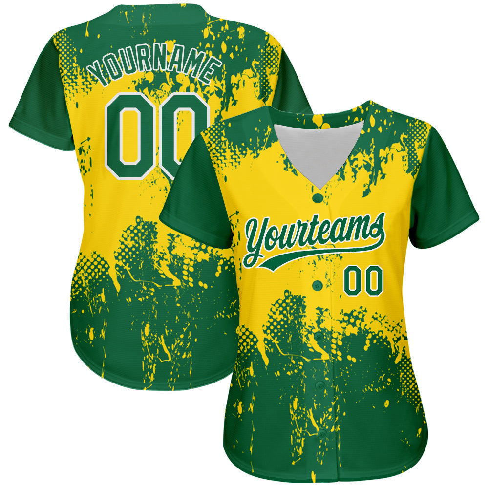 Custom Gold Green-White 3D Pattern Design Authentic Baseball Jersey baseball jersey product view 2
