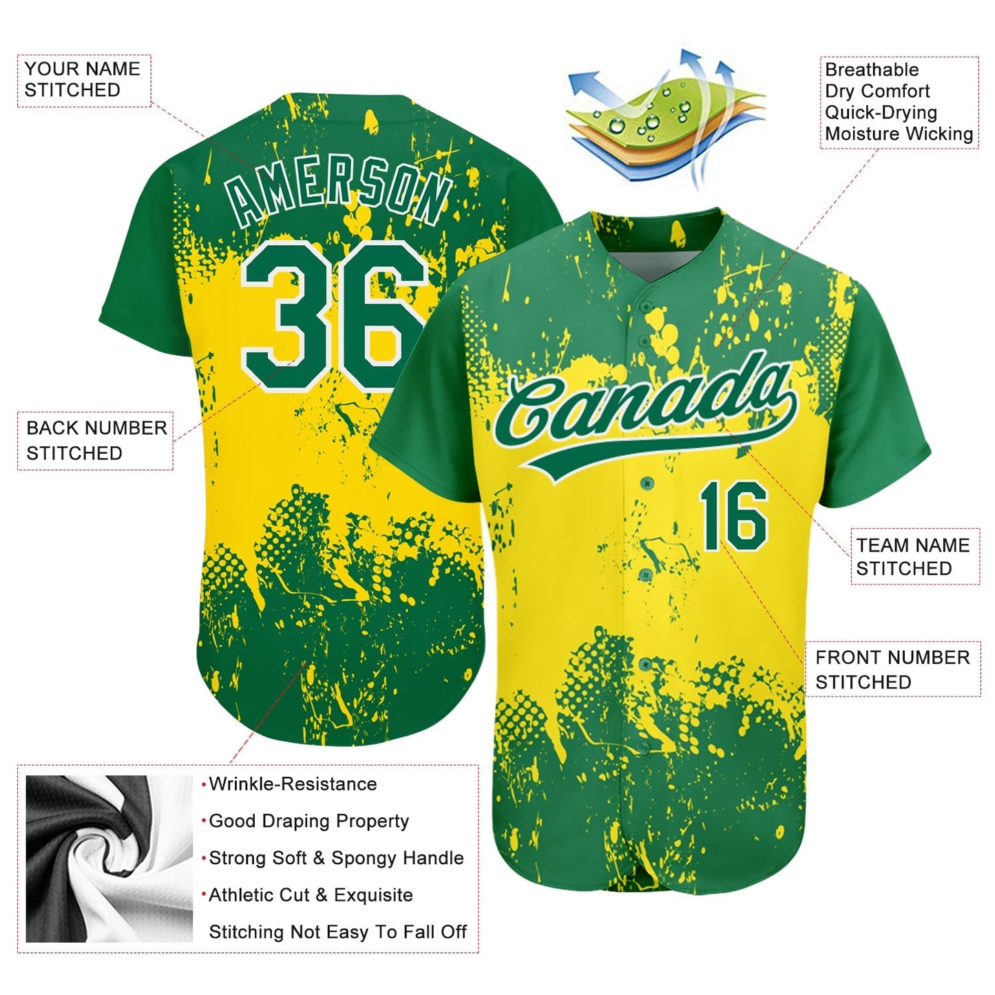 Custom Gold Green-White 3D Pattern Design Authentic Baseball Jersey baseball jersey product view 3