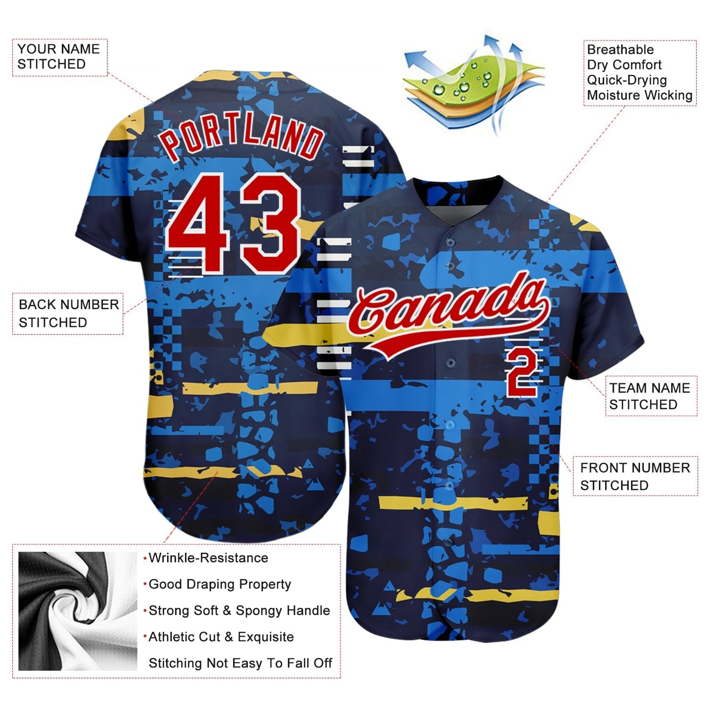 Custom Navy Red-White 3D Pattern Design Authentic Baseball Jersey baseball jersey product view 3