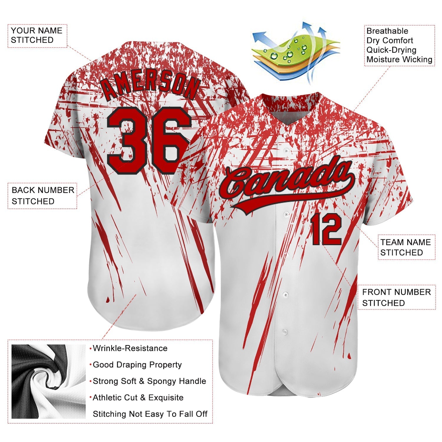 Custom White Red-Black 3D Pattern Design Authentic Baseball Jersey baseball jersey product view 3