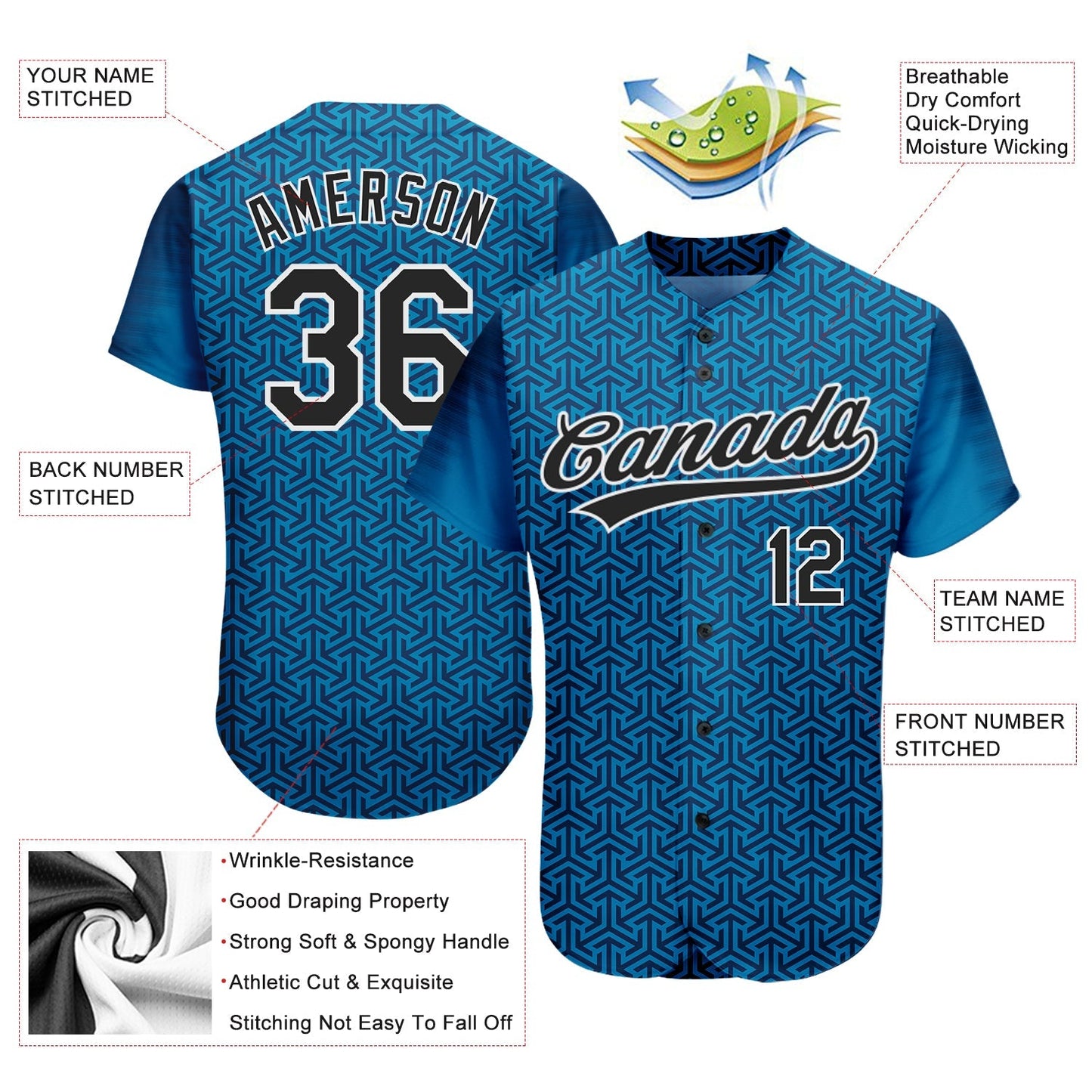 Custom Blue Black-White 3D Pattern Design Authentic Baseball Jersey baseball jersey product view 3