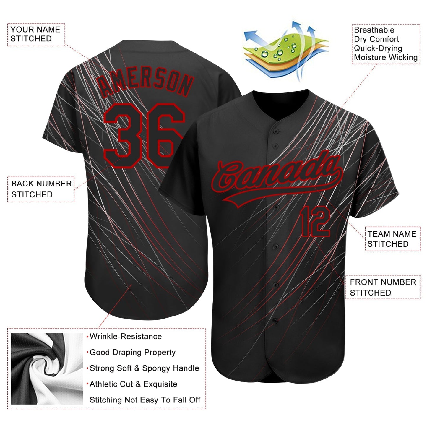 Custom Black Black-Red 3D Pattern Design Authentic Baseball Jersey baseball jersey product view 3