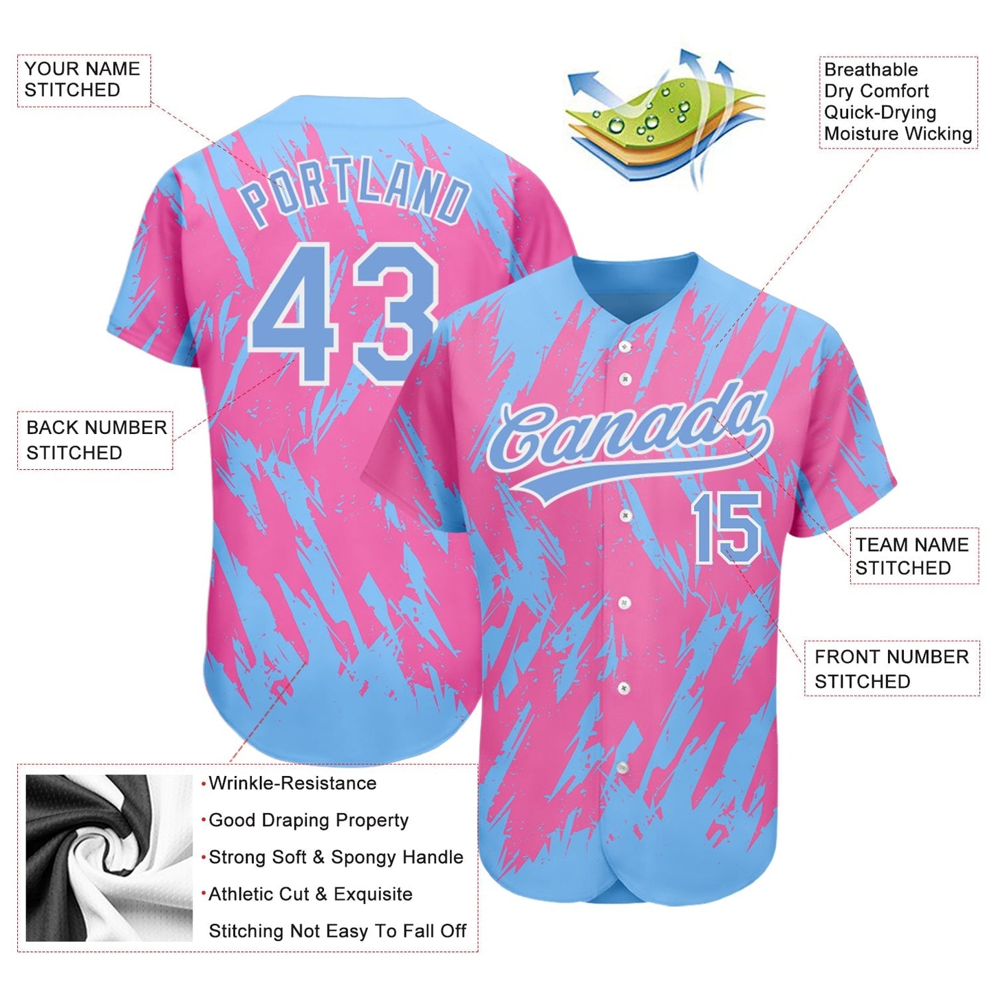 Custom Pink Powder Blue-White 3D Pattern Design Authentic Baseball Jersey baseball jersey product view 3