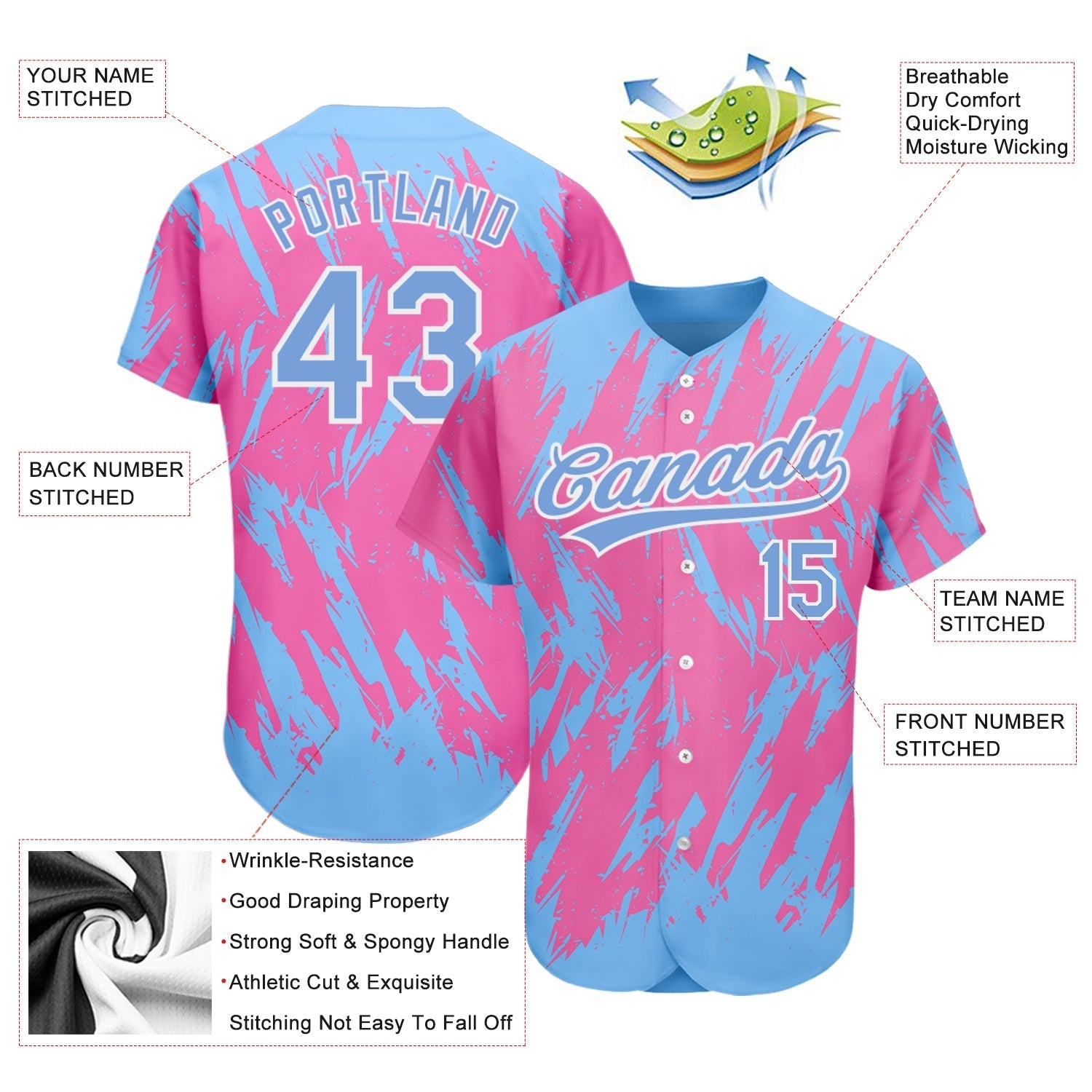 Custom Pink Powder Blue-White 3D Pattern Design Authentic Baseball Jersey baseball jersey product view 3