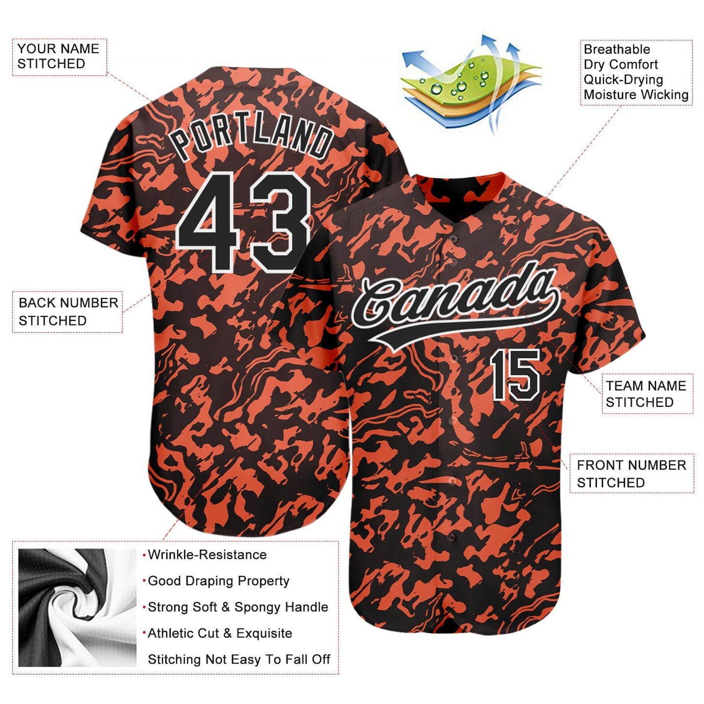 Custom Orange Black-White 3D Pattern Design Authentic Baseball Jersey baseball jersey product view 3