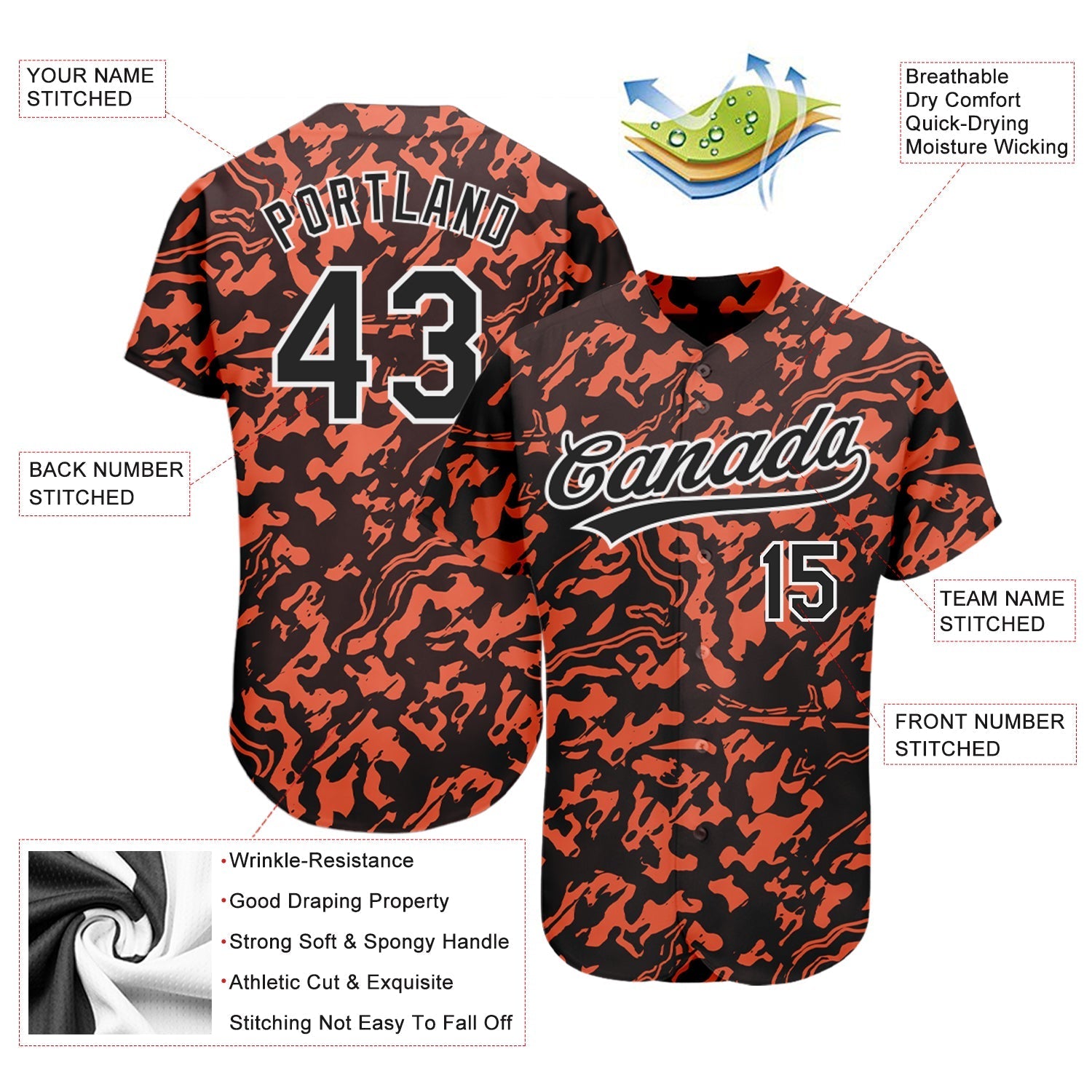 Custom Orange Black-White 3D Pattern Design Authentic Baseball Jersey baseball jersey product view 3