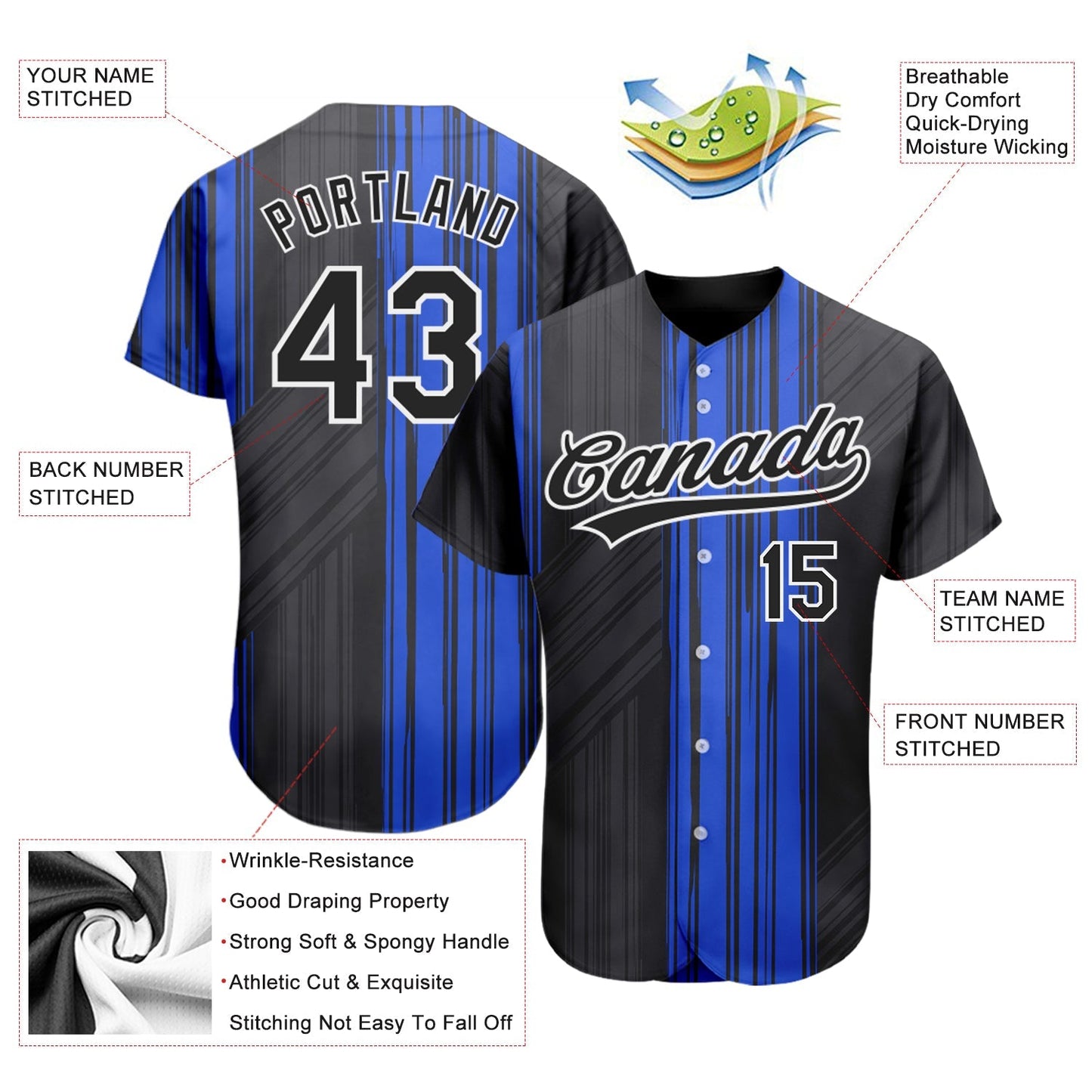 Custom Royal Black-White 3D Pattern Design Authentic Baseball Jersey baseball jersey product view 3
