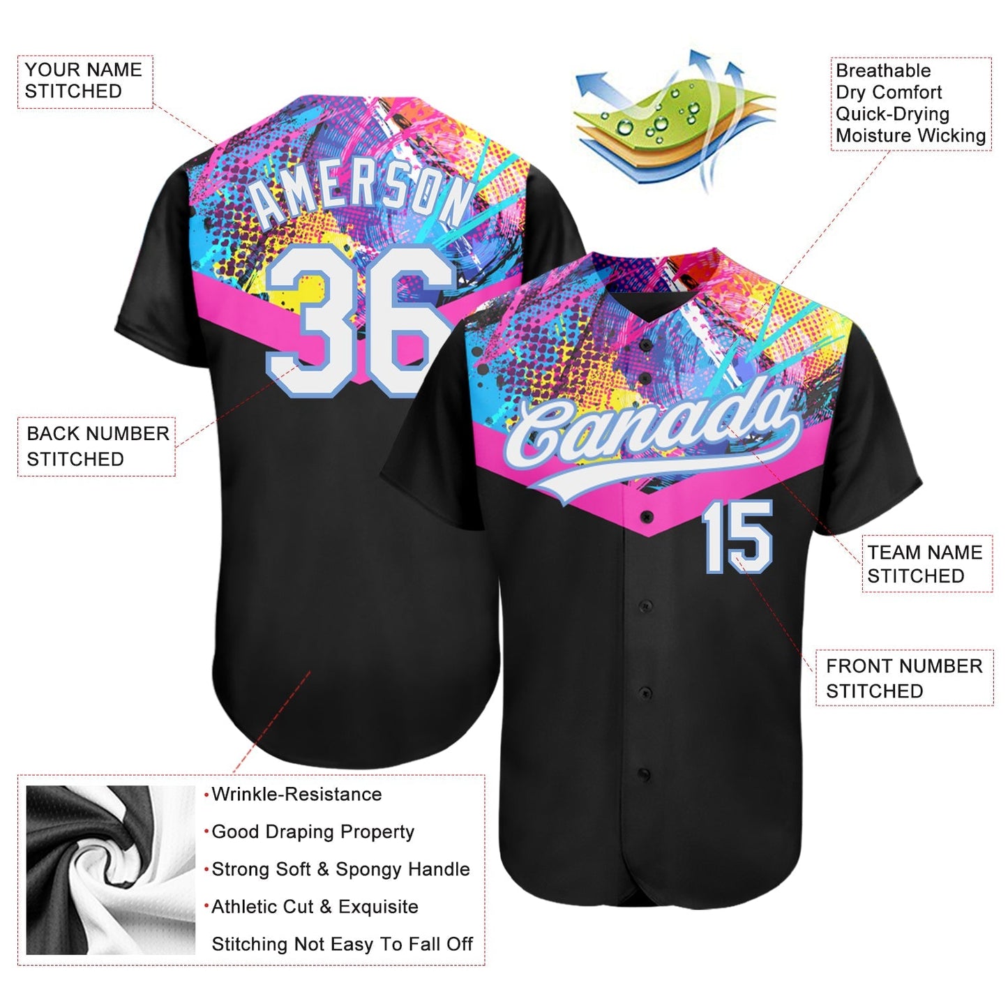 Custom Black White-Light Blue 3D Pattern Design Authentic Baseball Jersey baseball jersey product view 3
