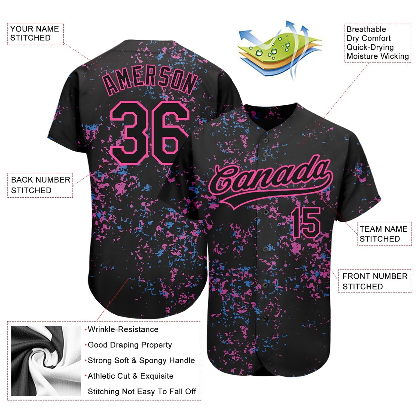 Custom Black Black-Pink 3D Pattern Design Authentic Baseball Jersey baseball jersey product view 3
