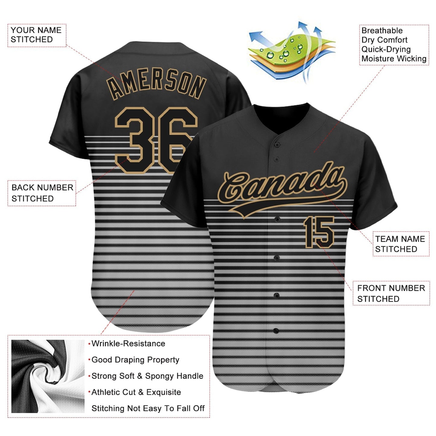Custom Black Black Old Gold-Gray 3D Pattern Design Authentic Baseball Jersey baseball jersey product view 3