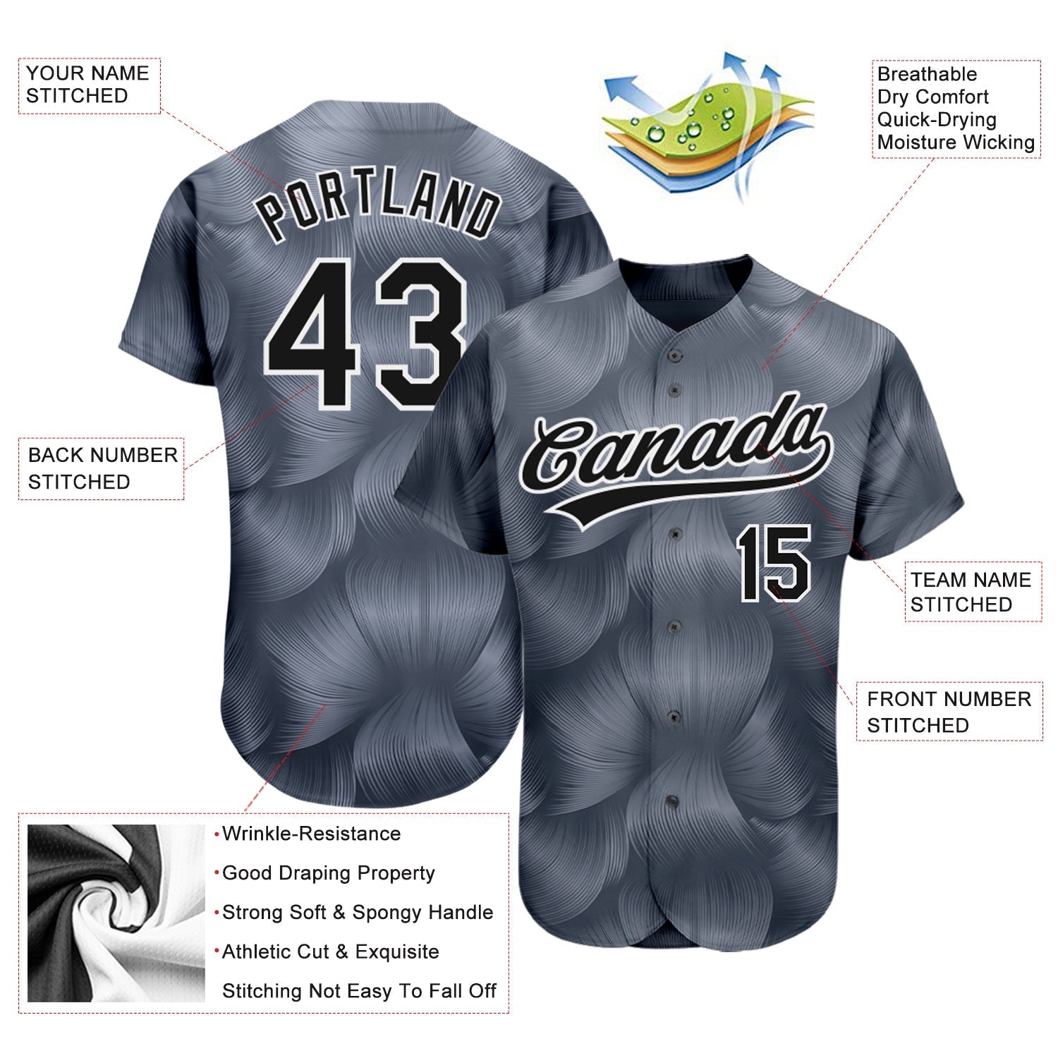 Custom Steel Gray Black-White 3D Pattern Design Authentic Baseball Jersey baseball jersey product view 3