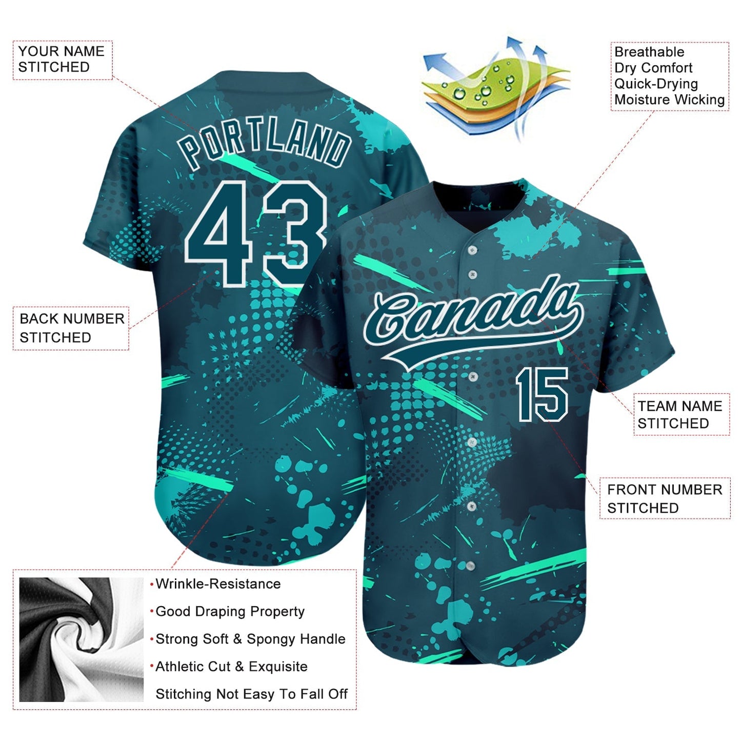 Custom Green Green-Aqua 3D Pattern Design Authentic Baseball Jersey baseball jersey product view 3