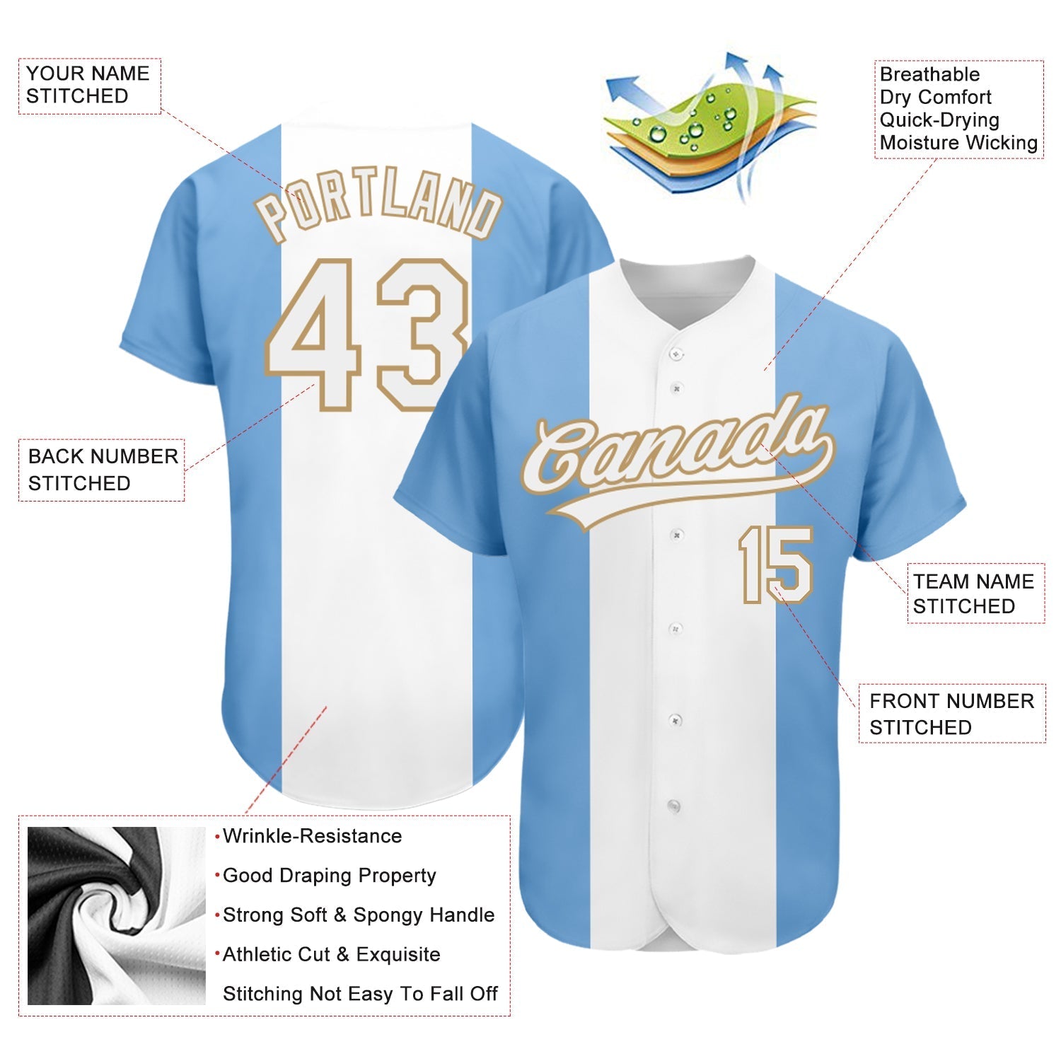 Custom Light Blue White-Old Gold 3D Argentinian Flag Authentic Baseball Jersey baseball jersey product view 3