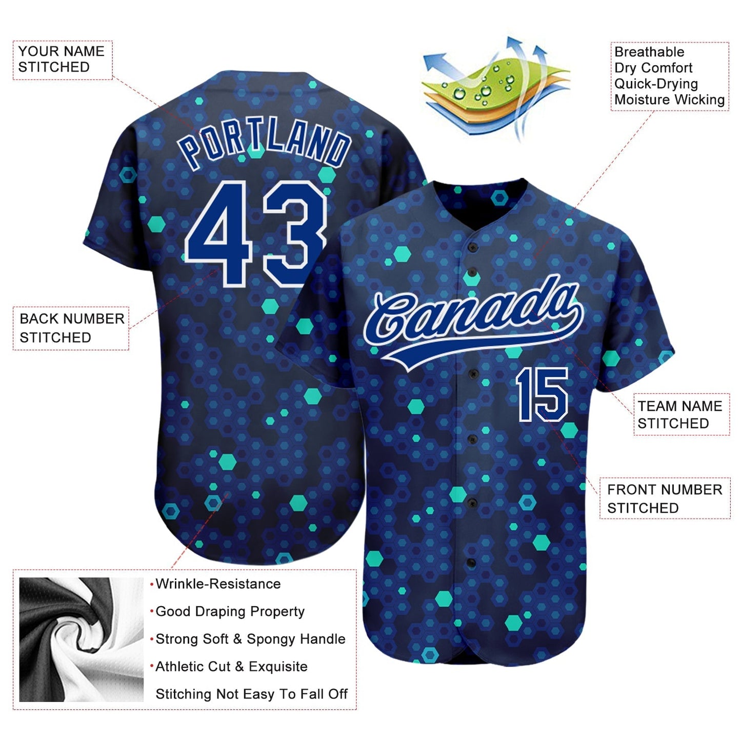 Custom Navy Royal-Aqua 3D Pattern Design Authentic Baseball Jersey baseball jersey product view 3