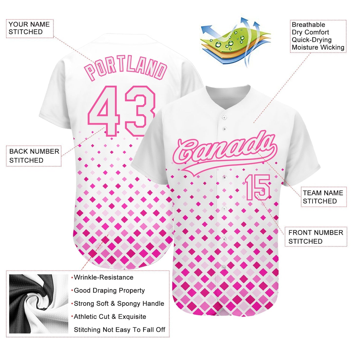 Custom White White-Pink 3D Pattern Design Authentic Baseball Jersey baseball jersey product view 3