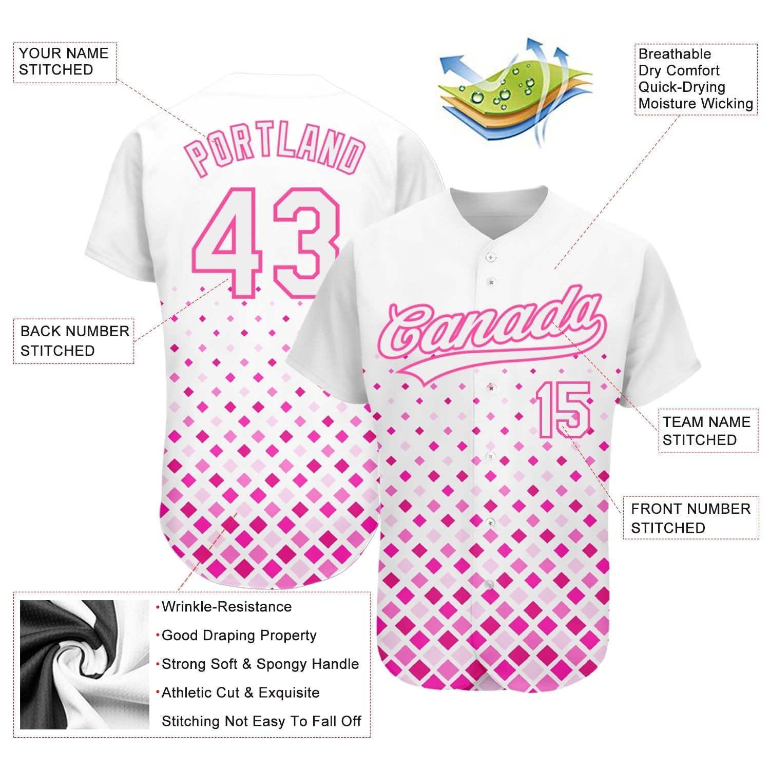 Custom White White-Pink 3D Pattern Design Authentic Baseball Jersey baseball jersey product view 3