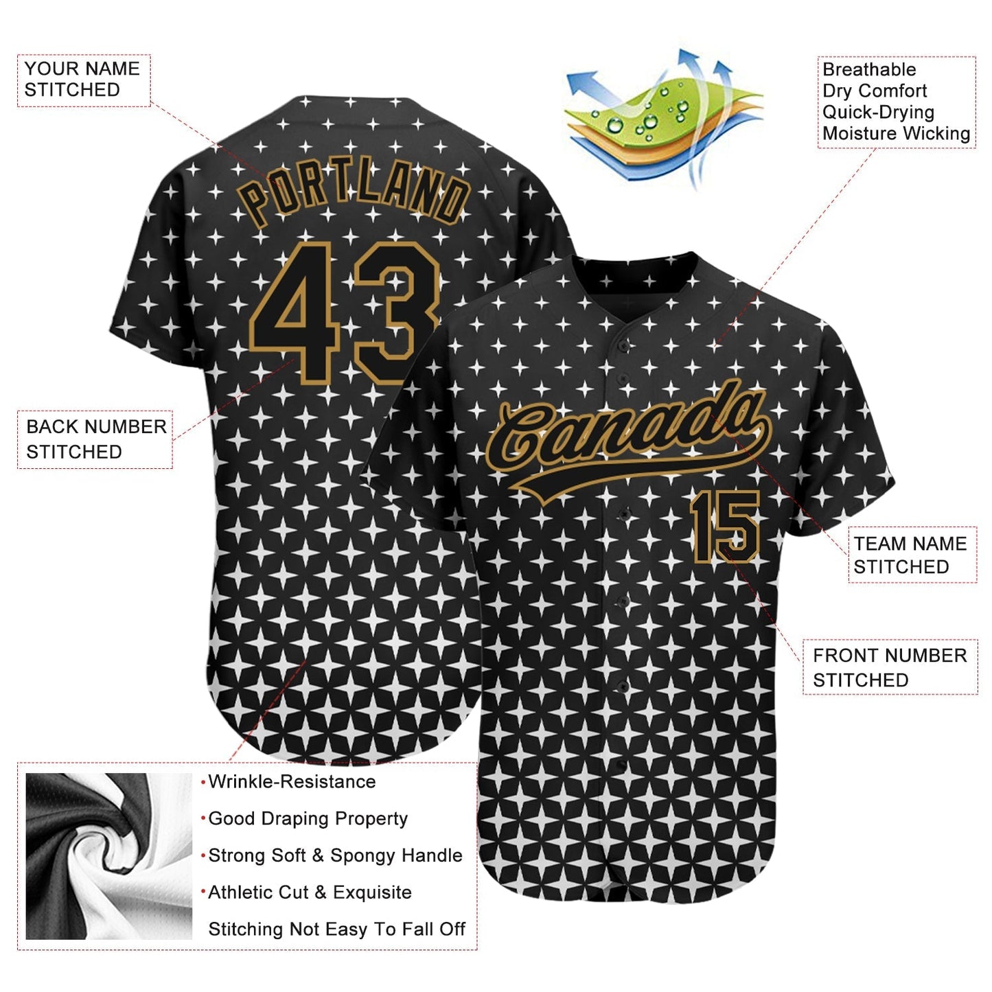 Custom Black Black-Old Gold 3D Pattern Design Authentic Baseball Jersey baseball jersey product view 3