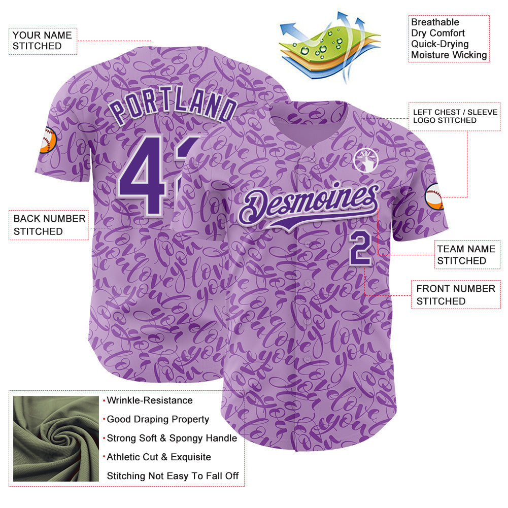 Custom Light Purple Purple-White Valentine's Day Love Authentic Baseball Jersey baseball jersey product view 3