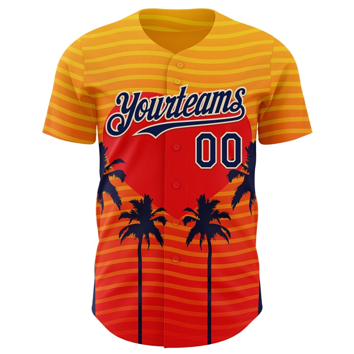 Custom Yellow Navy Orange-Cream Valentine's Day Gradient Coconut Trees Authentic Baseball Jersey baseball jersey product view 2