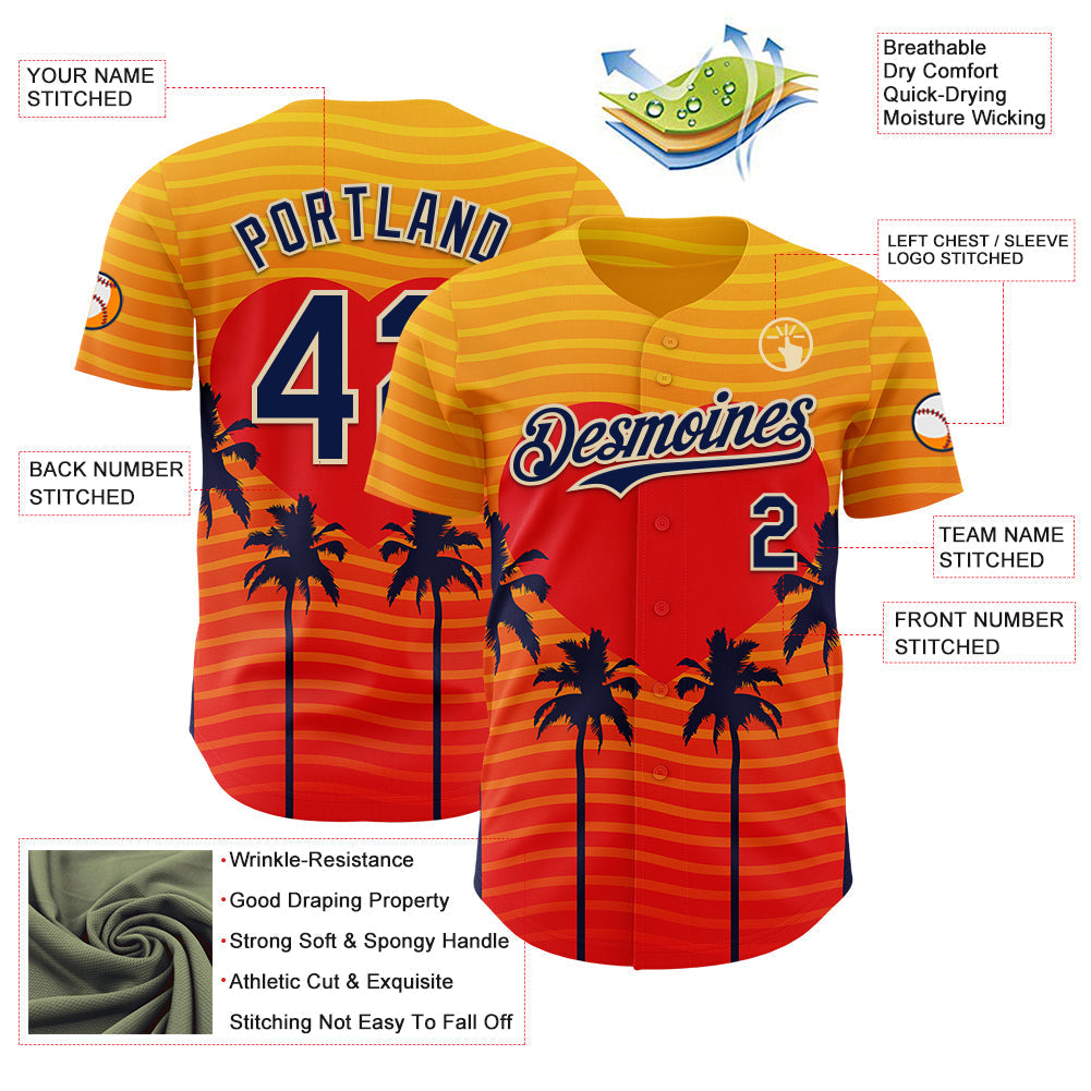 Custom Yellow Navy Orange-Cream Valentine's Day Gradient Coconut Trees Authentic Baseball Jersey baseball jersey product view 3
