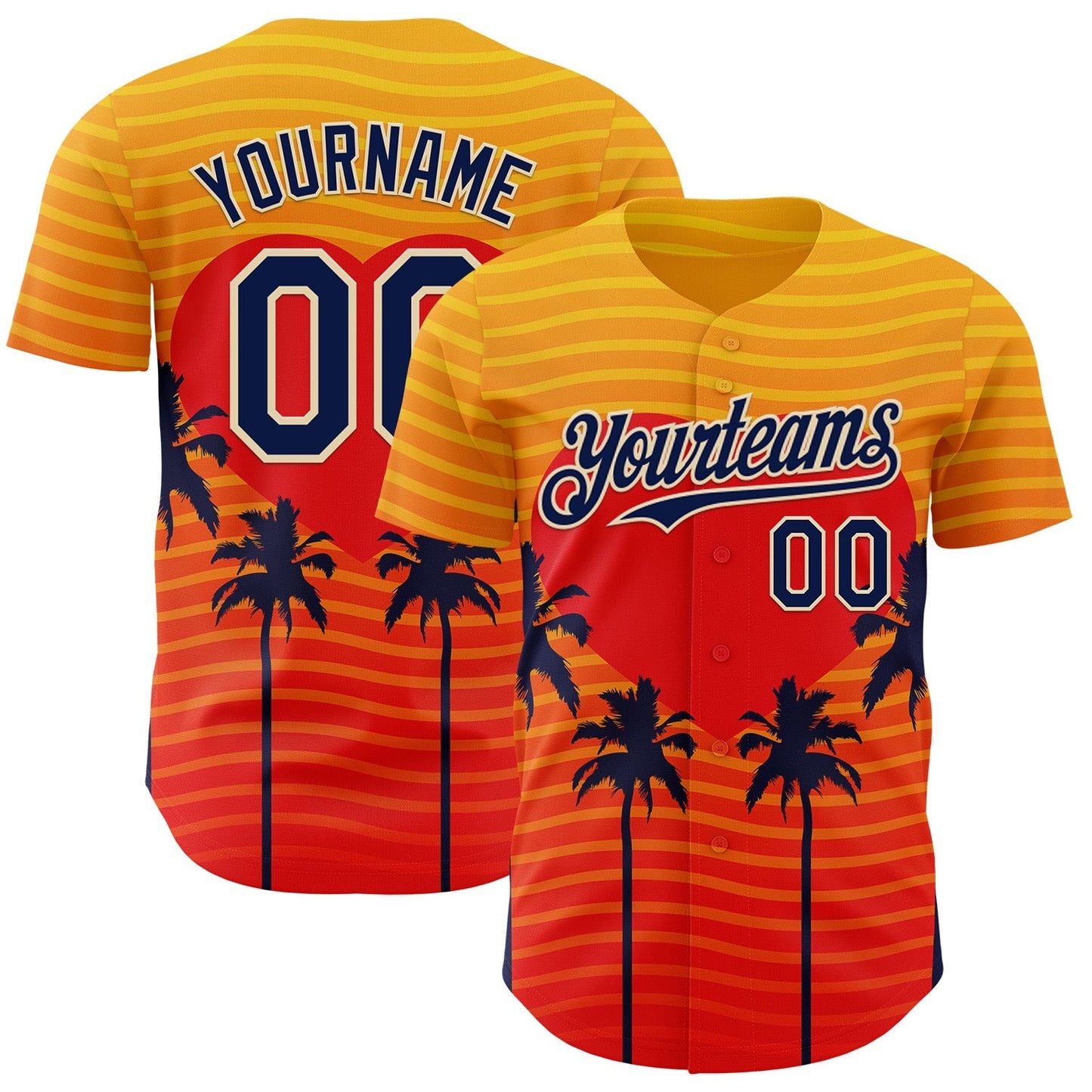 Custom Yellow Navy Orange-Cream Valentine's Day Gradient Coconut Trees Authentic Baseball Jersey baseball jersey product view 1