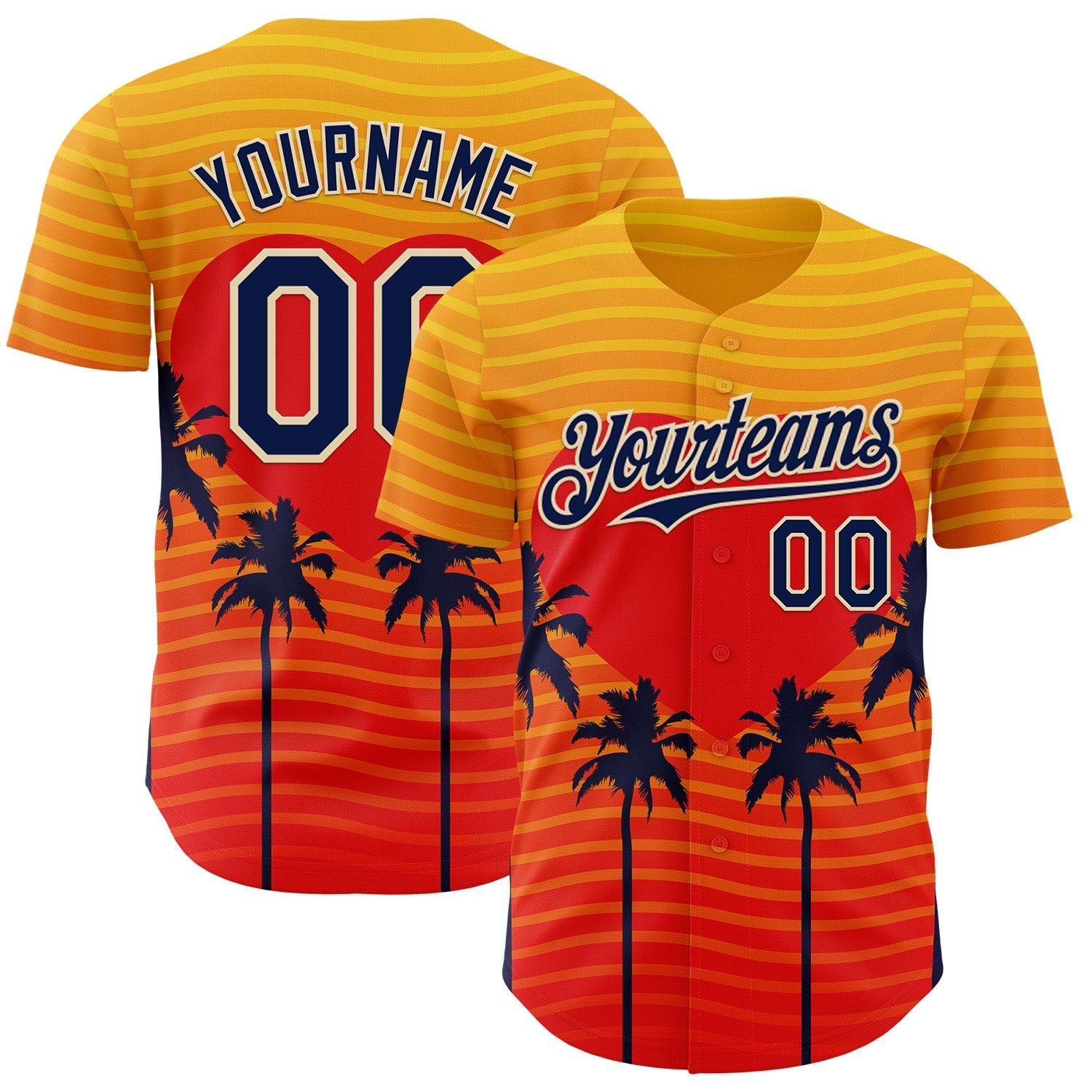 Custom Yellow Navy Orange-Cream Valentine's Day Gradient Coconut Trees Authentic Baseball Jersey baseball jersey product view 1