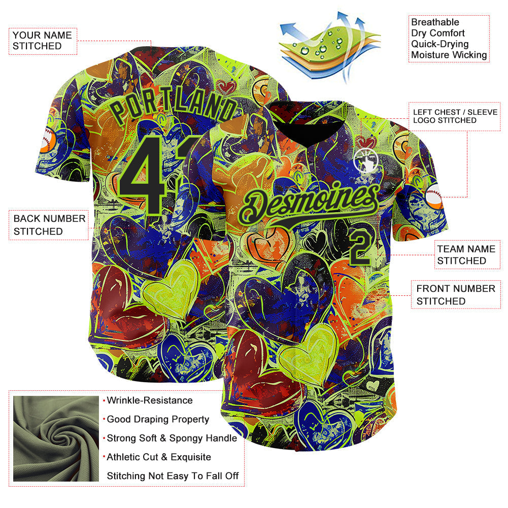 Custom Black Neon Green Valentine's Day Love Heart Authentic Baseball Jersey baseball jersey product view 3