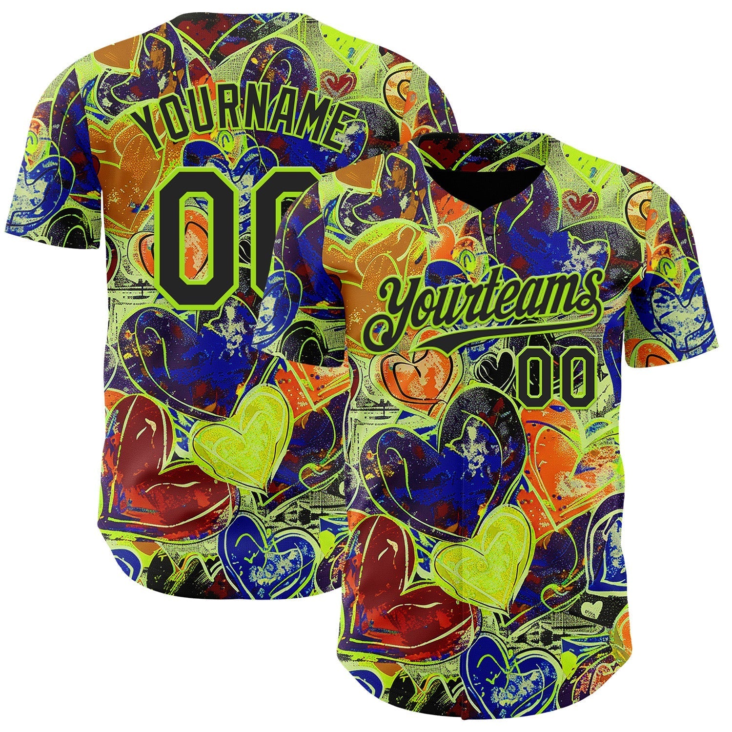 Custom Black Neon Green Valentine's Day Love Heart Authentic Baseball Jersey baseball jersey product view 1