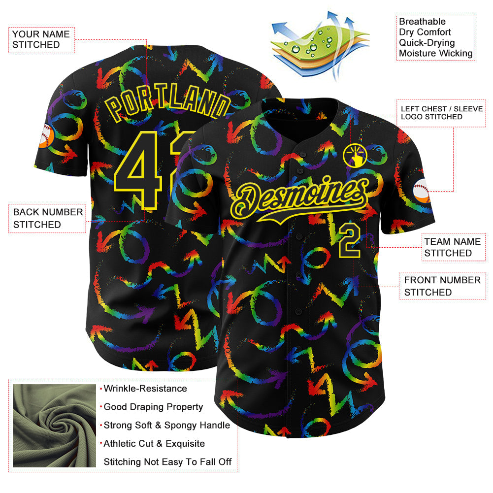 Custom Black Light Yellow Valentine's Day Arrow Pride Month Love Is Love Authentic Baseball Jersey baseball jersey product view 3