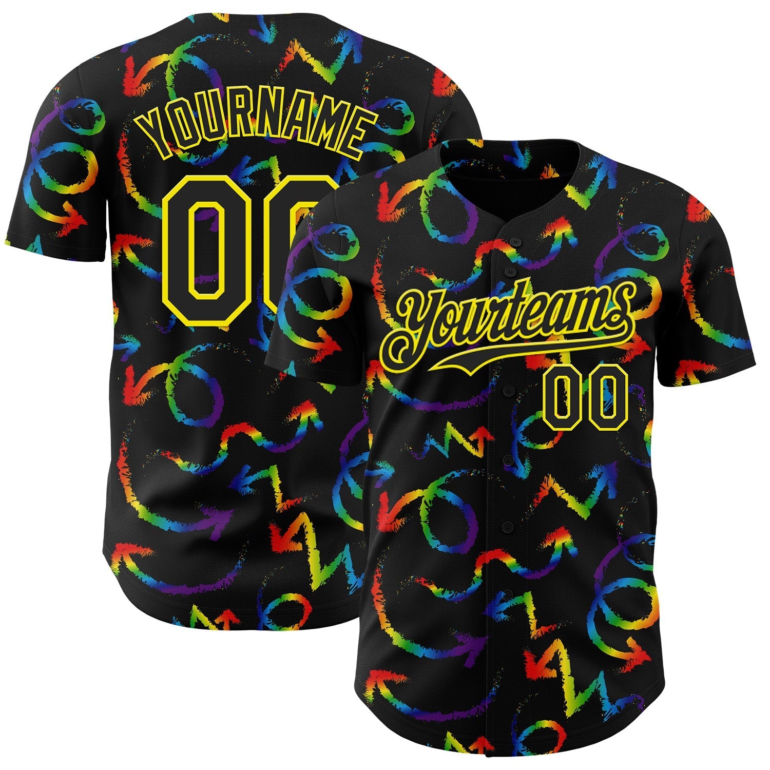 Custom Black Light Yellow Valentine's Day Arrow Pride Month Love Is Love Authentic Baseball Jersey baseball jersey product view 1