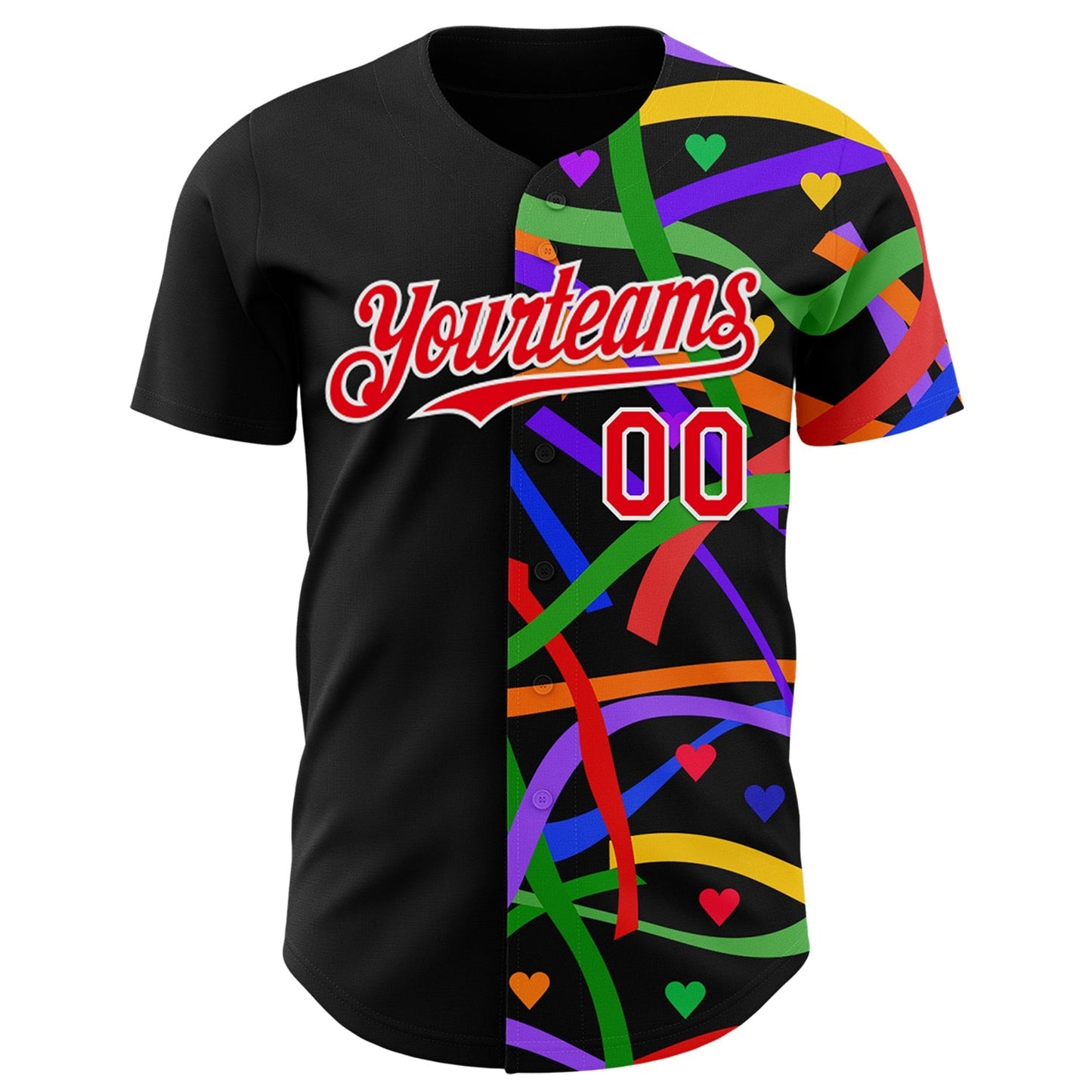 Custom Black Fire Red-White Valentine's Day Love Heart Pride Month Love Is Love Authentic Baseball Jersey baseball jersey product view 2