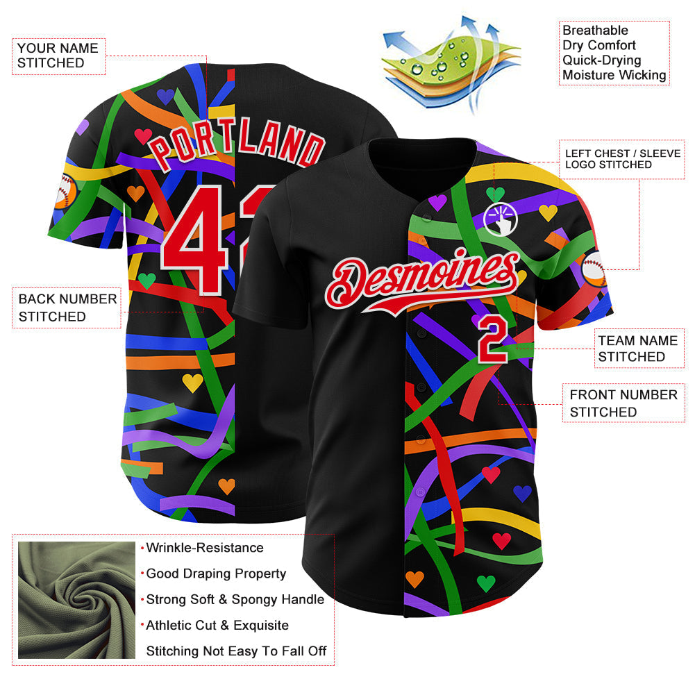 Custom Black Fire Red-White Valentine's Day Love Heart Pride Month Love Is Love Authentic Baseball Jersey baseball jersey product view 3