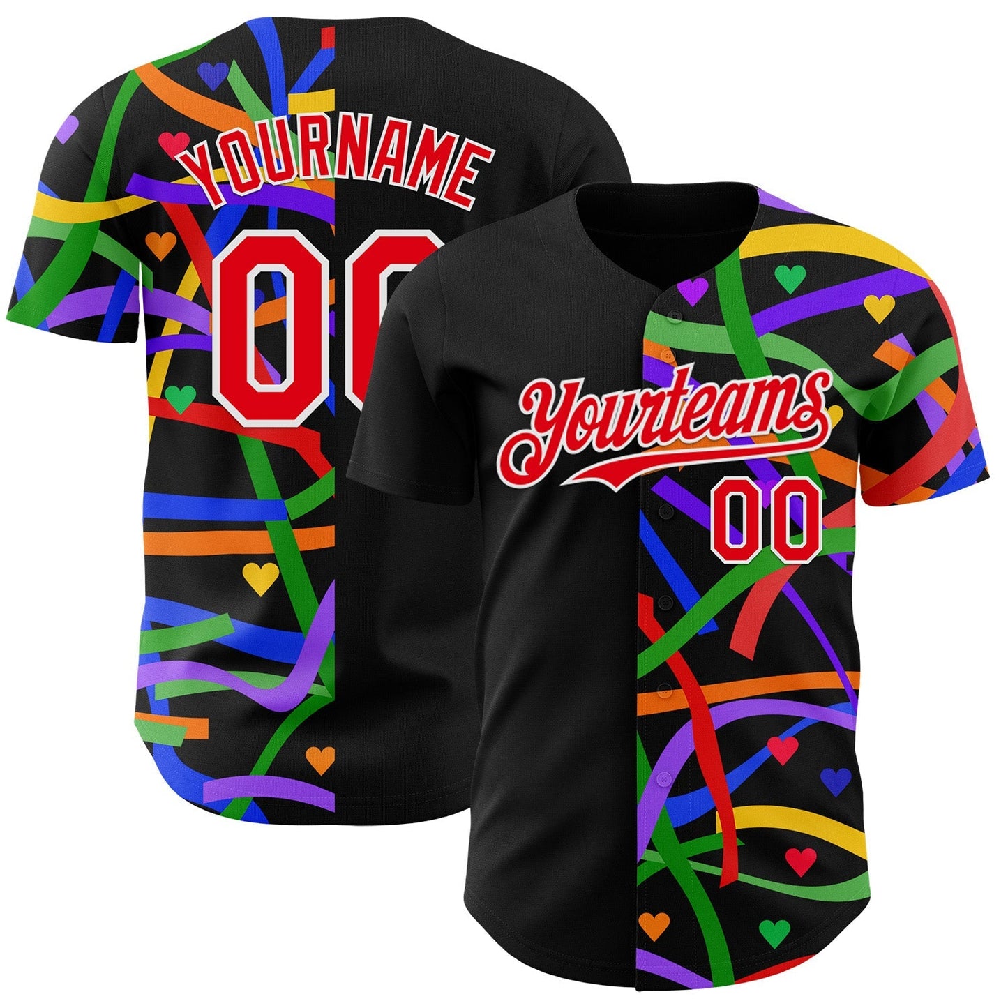 Custom Black Fire Red-White Valentine's Day Love Heart Pride Month Love Is Love Authentic Baseball Jersey baseball jersey product view 1